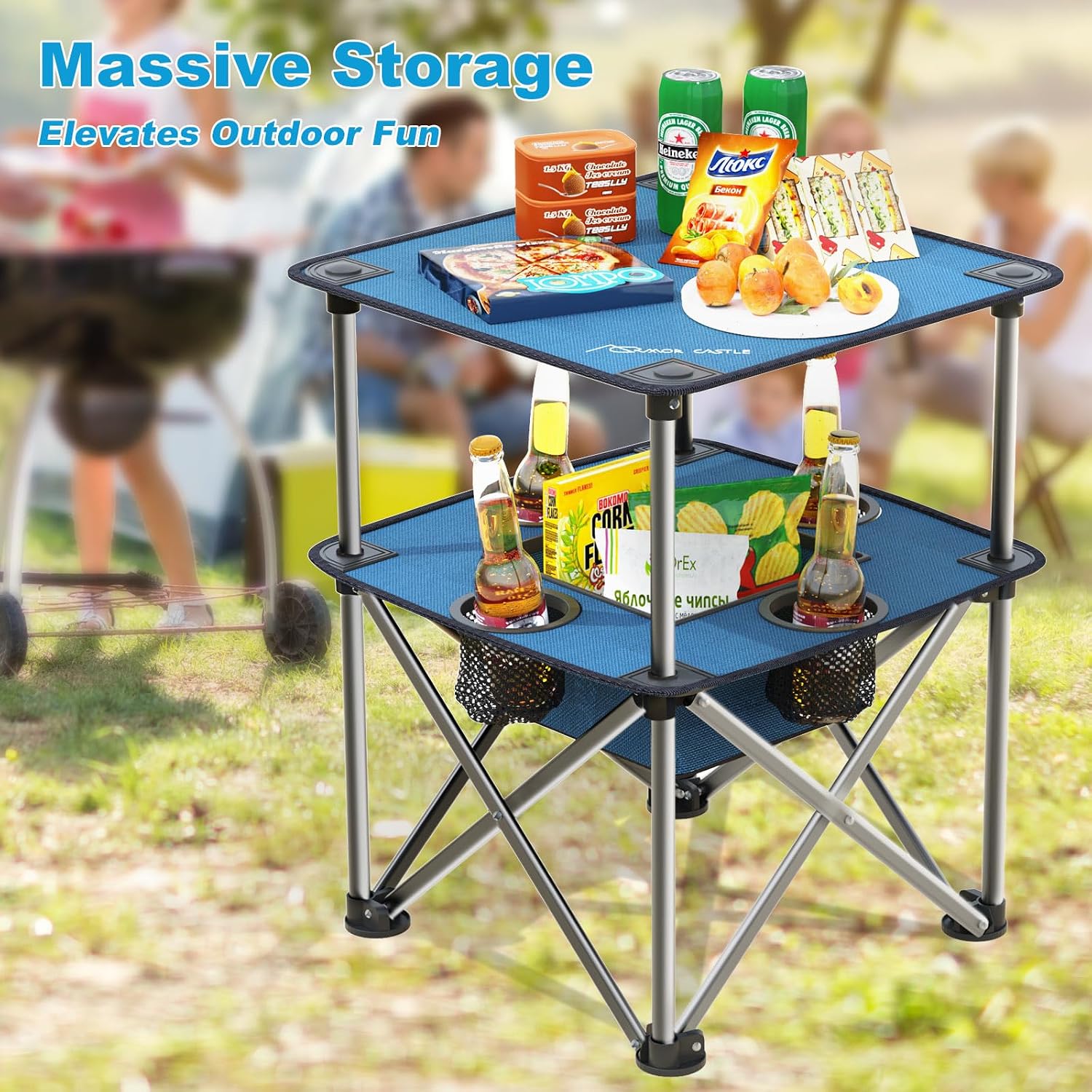 Folding Camping Table, Portable Outdoor Picnic Table, Lightweight Square Camp Table with Built-in 4 Cup Holders Food Basket and Travel Bag for Barbeque Beach Camping and Tailgate Blue - Image 6
