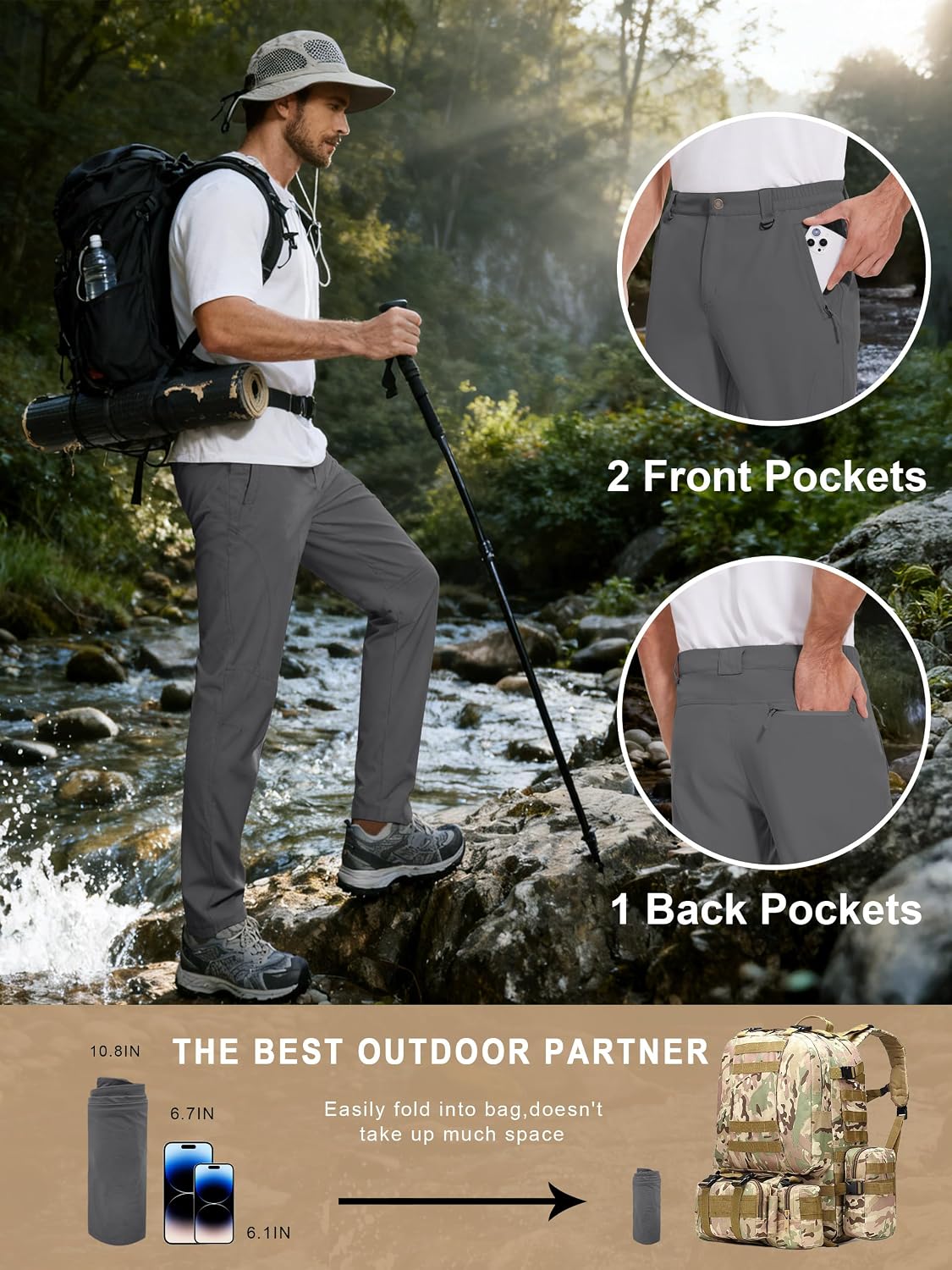 SEVEGO 30"/32"/34"/36"/38" Inseam Men's Tall Hiking Pants Quick Dry Outdoor Waterproof Golf Cargo Pants with 3 Pockets - Image 6
