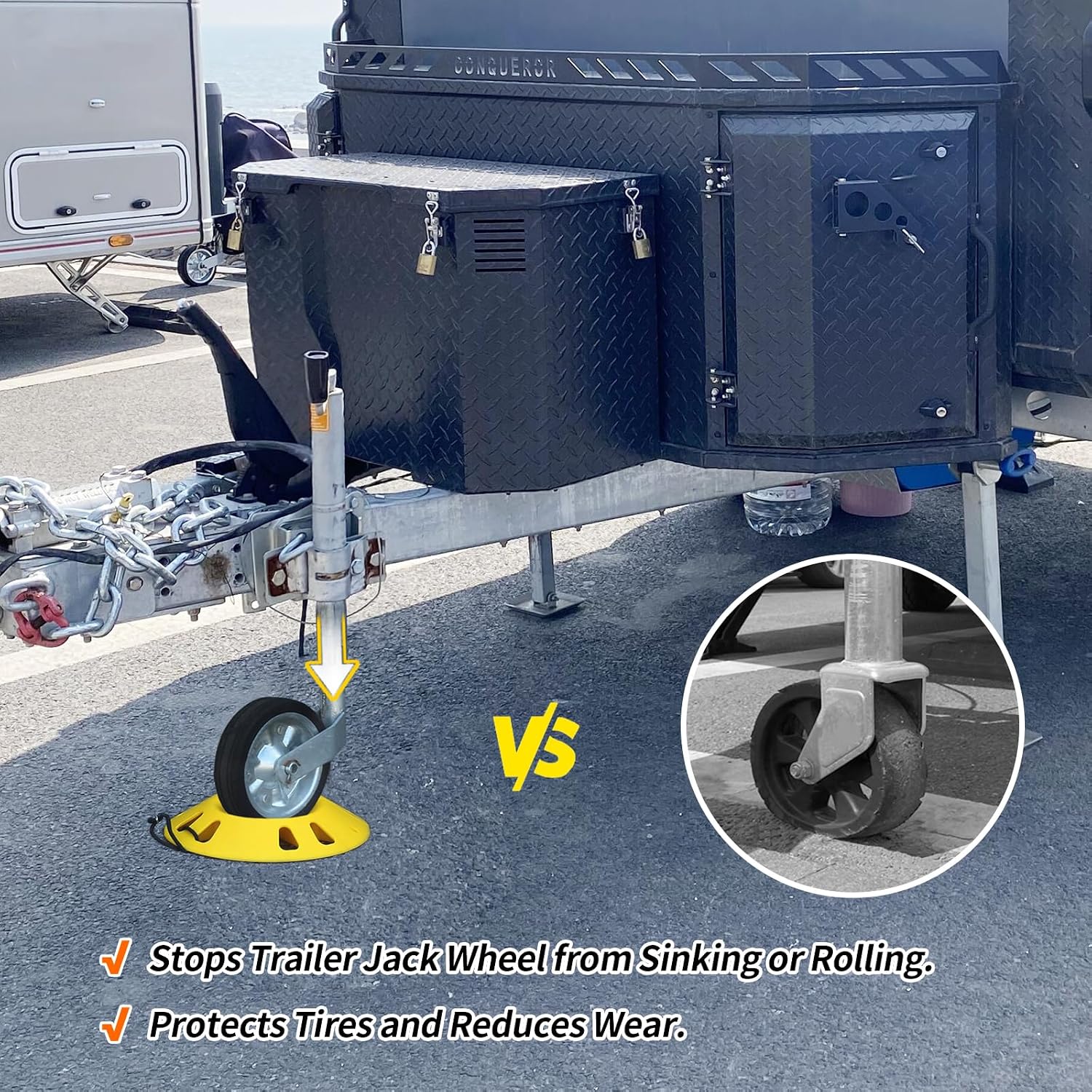 OULEME Trailer Jack Wheel Dock, Tongue Jack Wheel Chock for Trailer Boat Camper RV, Caster Stopper for Single 6'' 8'' and Dual 6'', with Rope Handle - Image 4