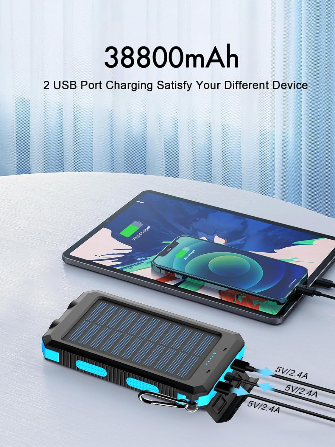 Solar Charger, 38800mAh Solar Power Bank, Waterproof External Backup Battery Power Pack with USB C Input/Output/LED Flashlights Compatible with iPhone, Samsung, iPad, Suitable for Outdoor, Camping - Image 2