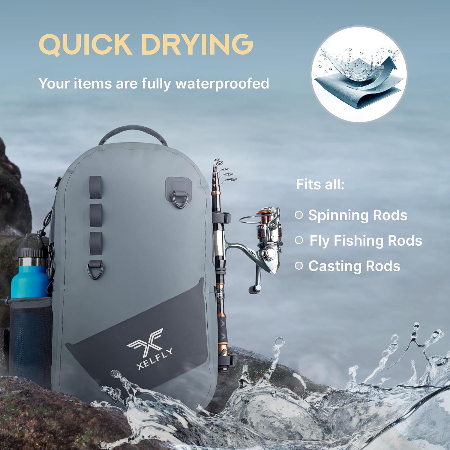 Xelfly - Waterproof Fishing Backpack with Rod Holder, Inflatable Air Valve, Padded Waist Straps & Gear Loops - Submersible Zipper, Rugged Top Handle, Adjustable Attachments (Gray) - Image 7