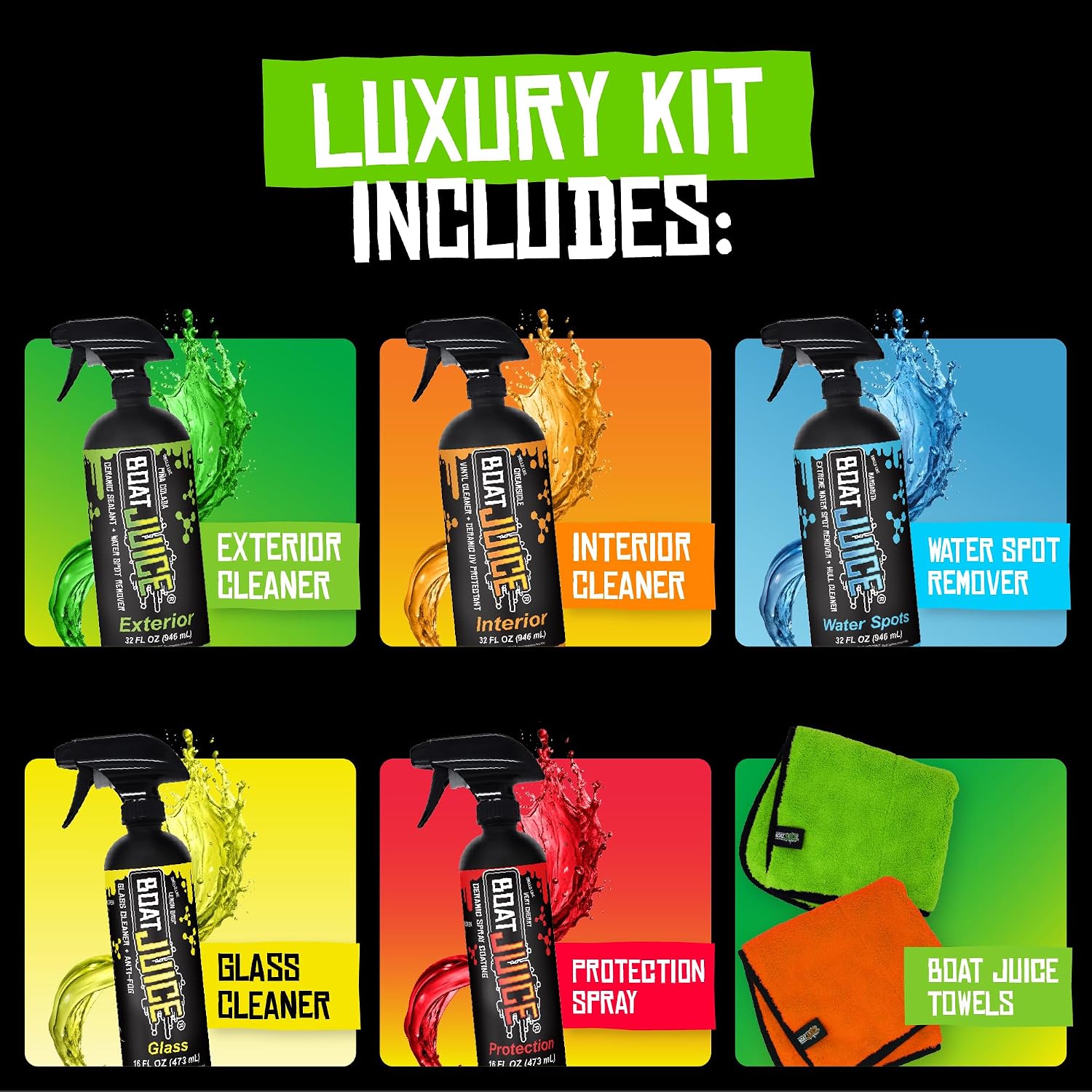Boat Juice Luxury Boat Cleaning Kit | Interior Vinyl Seat Cleaner, Exterior Cleaner & Protectant, Hard Water Spot Remover, Ceramic Coating, Glass Cleaner, 2 Microfiber Towels | Marine Kit, Made in USA - Image 2