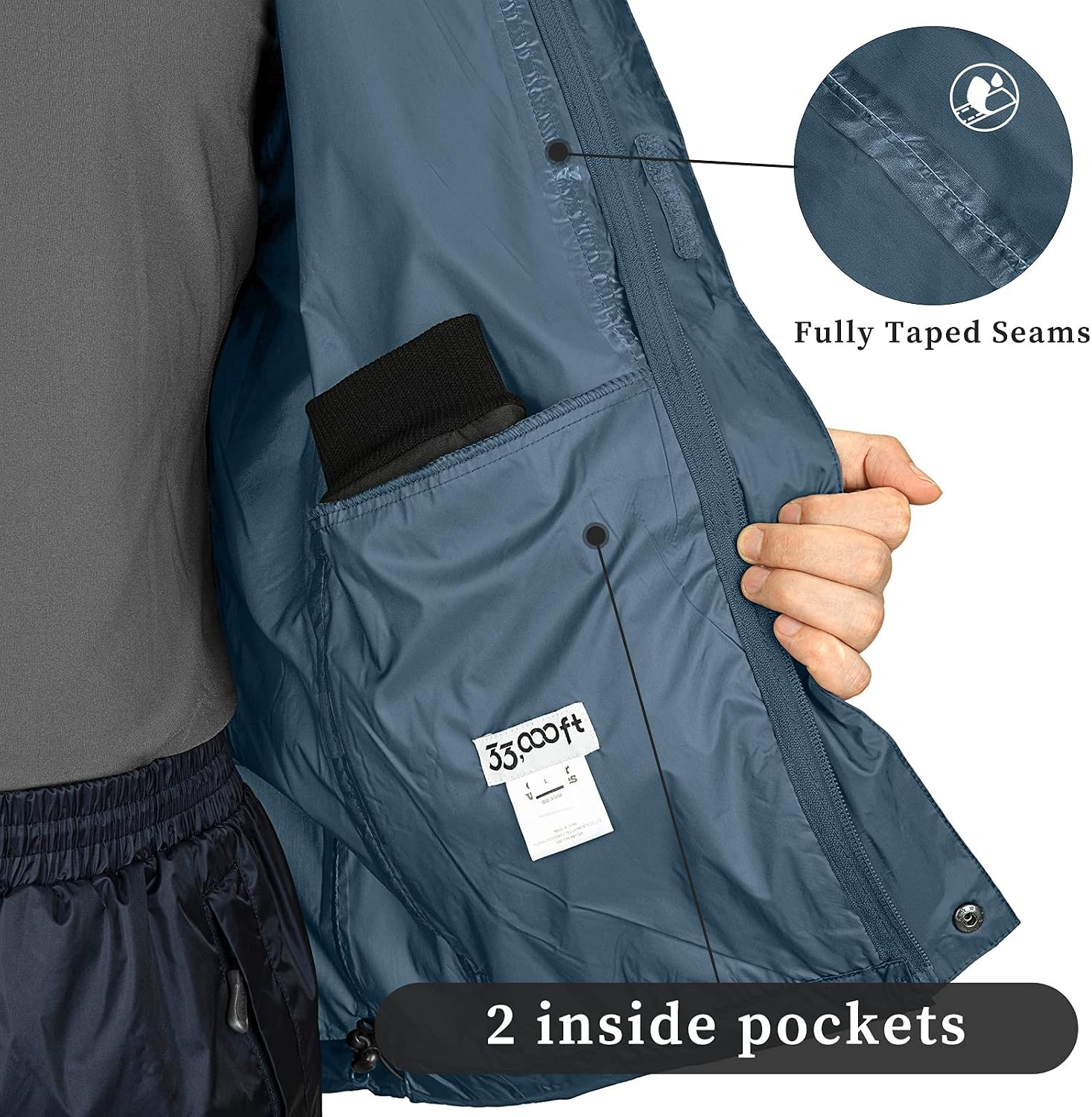 33,000ft Packable Rain Jacket Men's Lightweight Waterproof Rain Shell Jacket Raincoat with Hood for Golf Cycling Windbreaker - Image 4