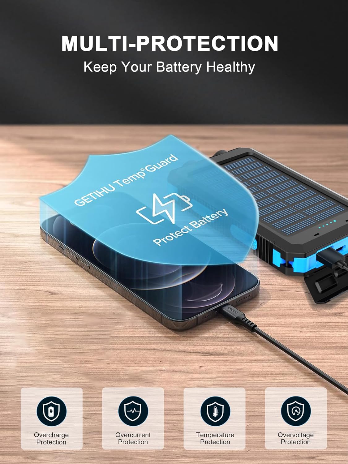 Solar Charger, 38800mAh Solar Power Bank, Waterproof External Backup Battery Power Pack with USB C Input/Output/LED Flashlights Compatible with iPhone, Samsung, iPad, Suitable for Outdoor, Camping - Image 5