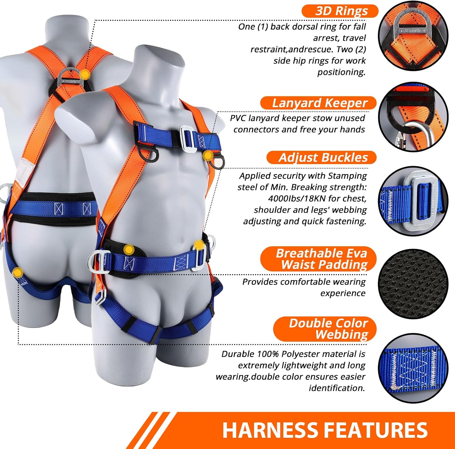 TT TRSMIMA Safety Harness Fall Protection Kit: Full Body Roofing harnesses with Shock Absorbing Lanyard - Updated Comfortable Waist Pad - Image 4