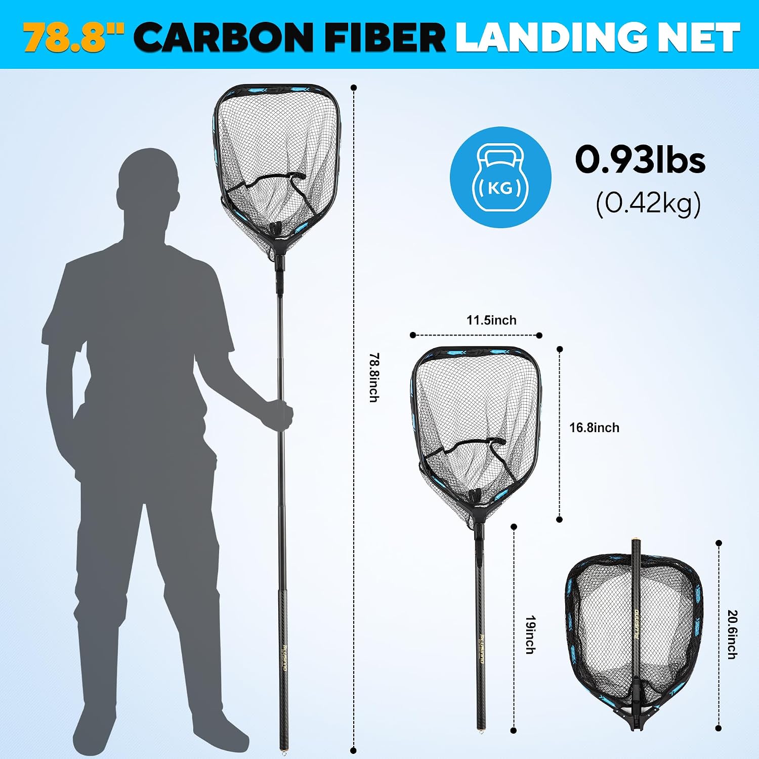 PLUSINNO Floating Fishing Net with Telescoping Handle, Carbon Fiber Ultralight Long Fish Net, Collapsible Landing Net 6.56/7.86Ft, Fishing Gear Kayak Accessories for Bass Trout Salmon - Image 4