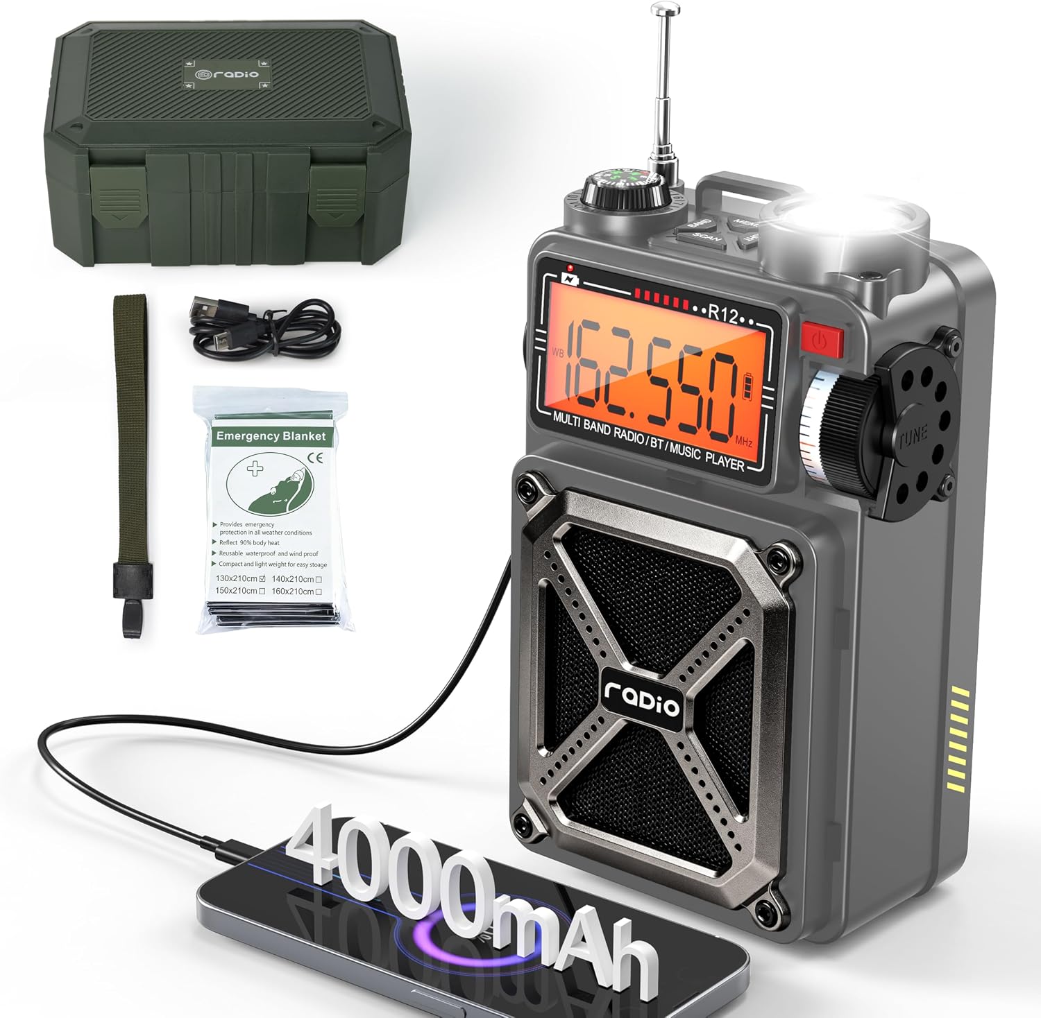 Solar Hand Crank Emergency Radio with NOAA Weather Alert, AM FM Shortwave | Digital Tuning,Bluetooth Speaker,TF Playback,Flashlight,Compass,SOS,4000mAh,Thermal Blanket,USB-C Charging,for Emergencies