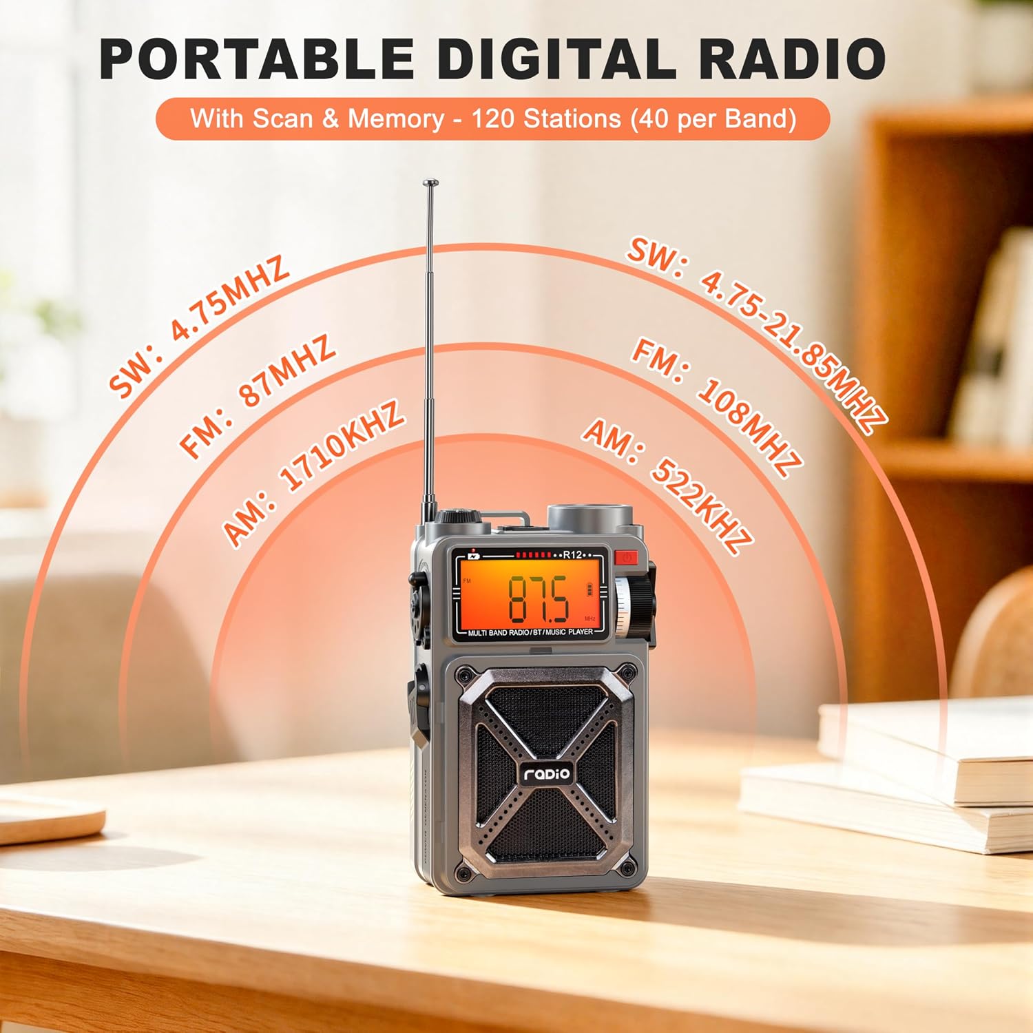 Solar Hand Crank Emergency Radio with NOAA Weather Alert, AM FM Shortwave | Digital Tuning,Bluetooth Speaker,TF Playback,Flashlight,Compass,SOS,4000mAh,Thermal Blanket,USB-C Charging,for Emergencies - Image 3