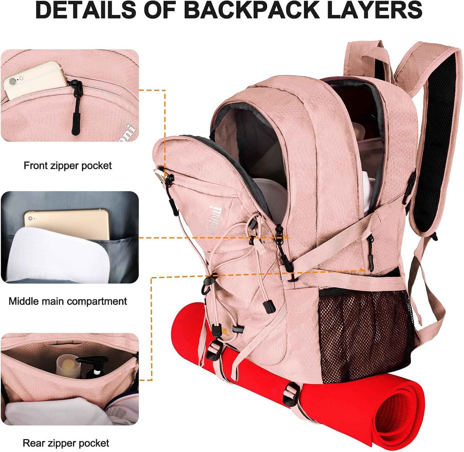 Goloni 45L Hiking Backpack Lightweight Foldable, Waterproof Camping Backpack with Rain Cover & Hiking Pole Mat Carrying System, Ergonomic Water Resistant Daypack for Trekking Travel Men Women Pink - Image 6