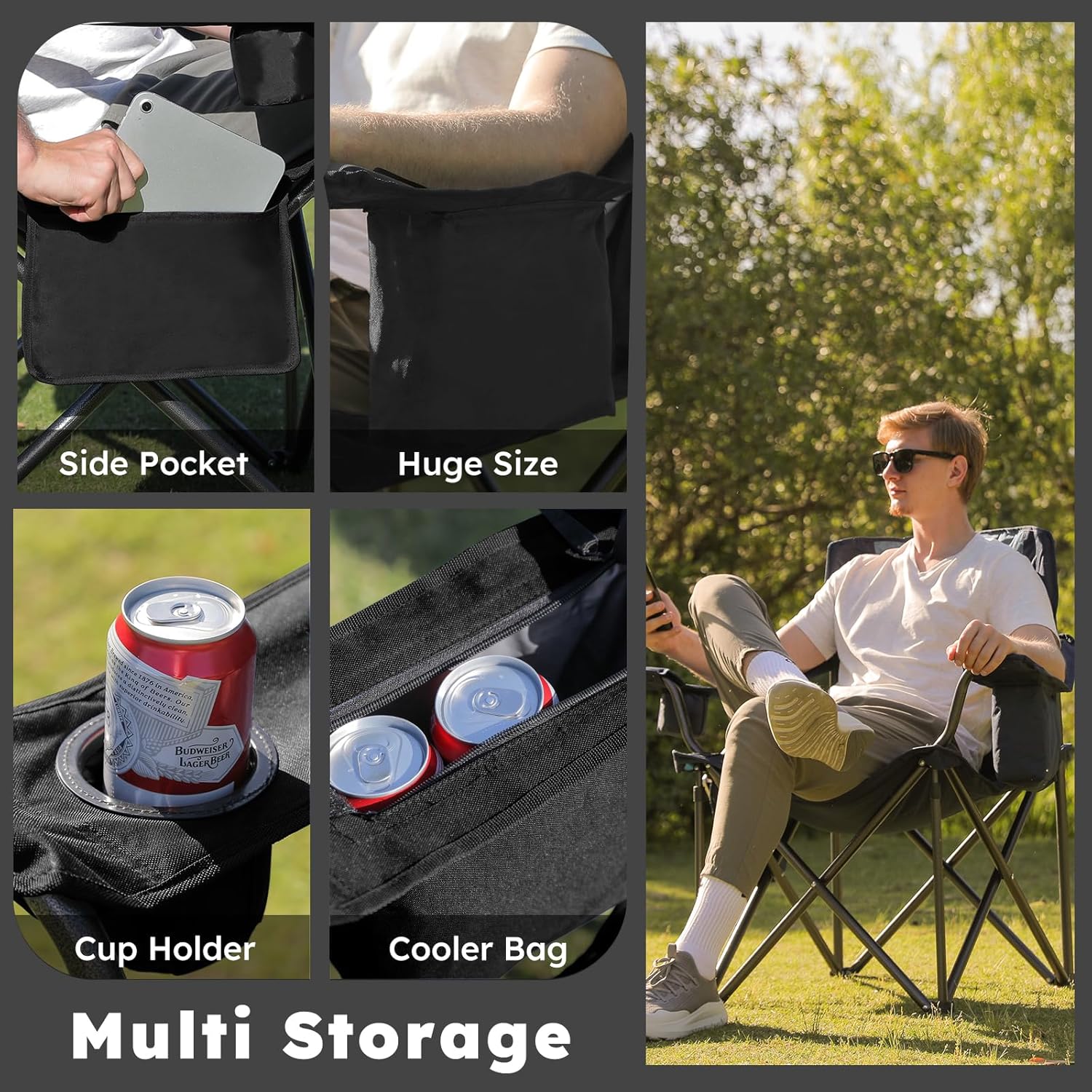 Colegence Oversized Heavy Duty Camping Chairs 2 Pack, 450 LBS Support Extra Wide Folding Portable Outdoor Chair with Cooler Bag, Cup Holder & Armrests for Camping, Beach, Tailgating, Sports, Black - Image 5