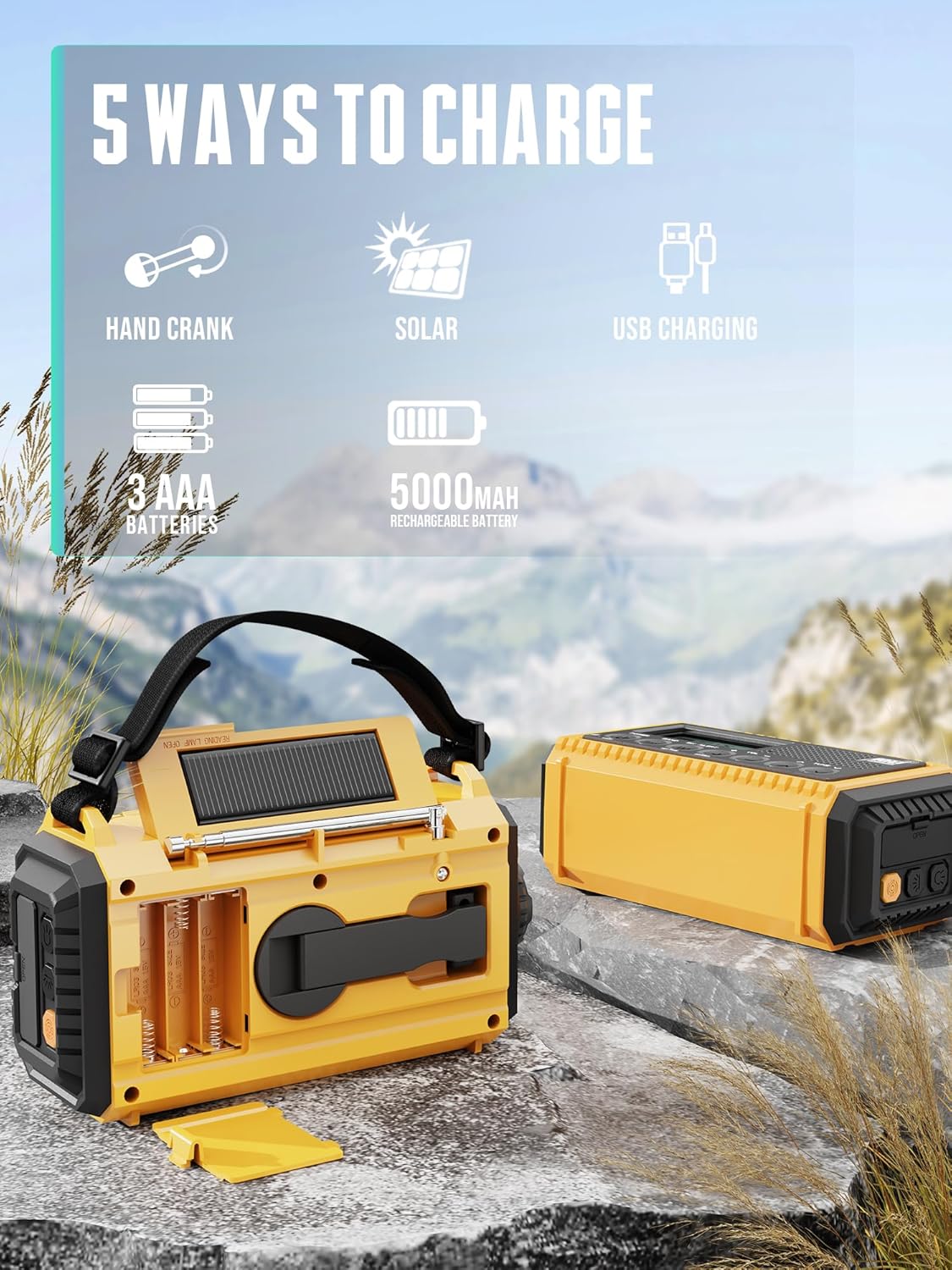 Emergency Radio Hand Crank NOAA Weather Alert/AM/FM/SW, 5000mAh Rechargeable Battery Powered Solar, Portable with 2-Mode LED Flashlight, SOS Alarm - Image 4