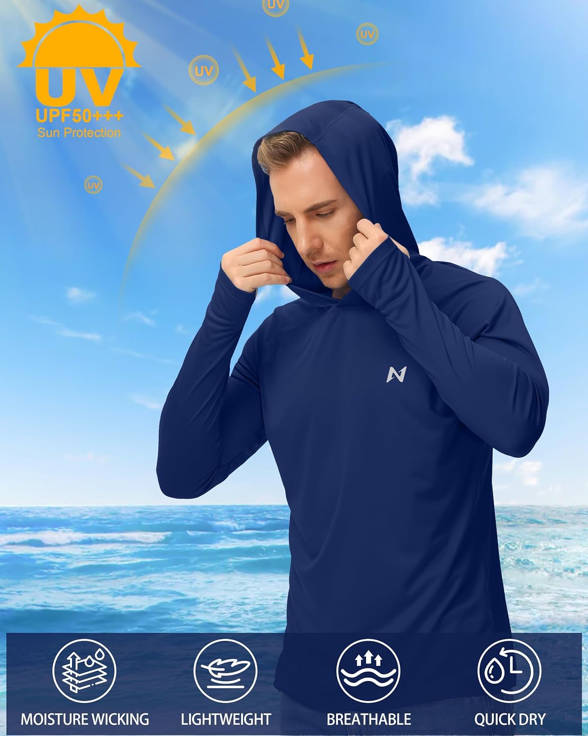 isnowood Sun Shirt UPF 50+ Men's Fishing Shirt Long Sleeve UV Protection Hoodie Rash Guard for Swimming Running Hiking Light - Image 3