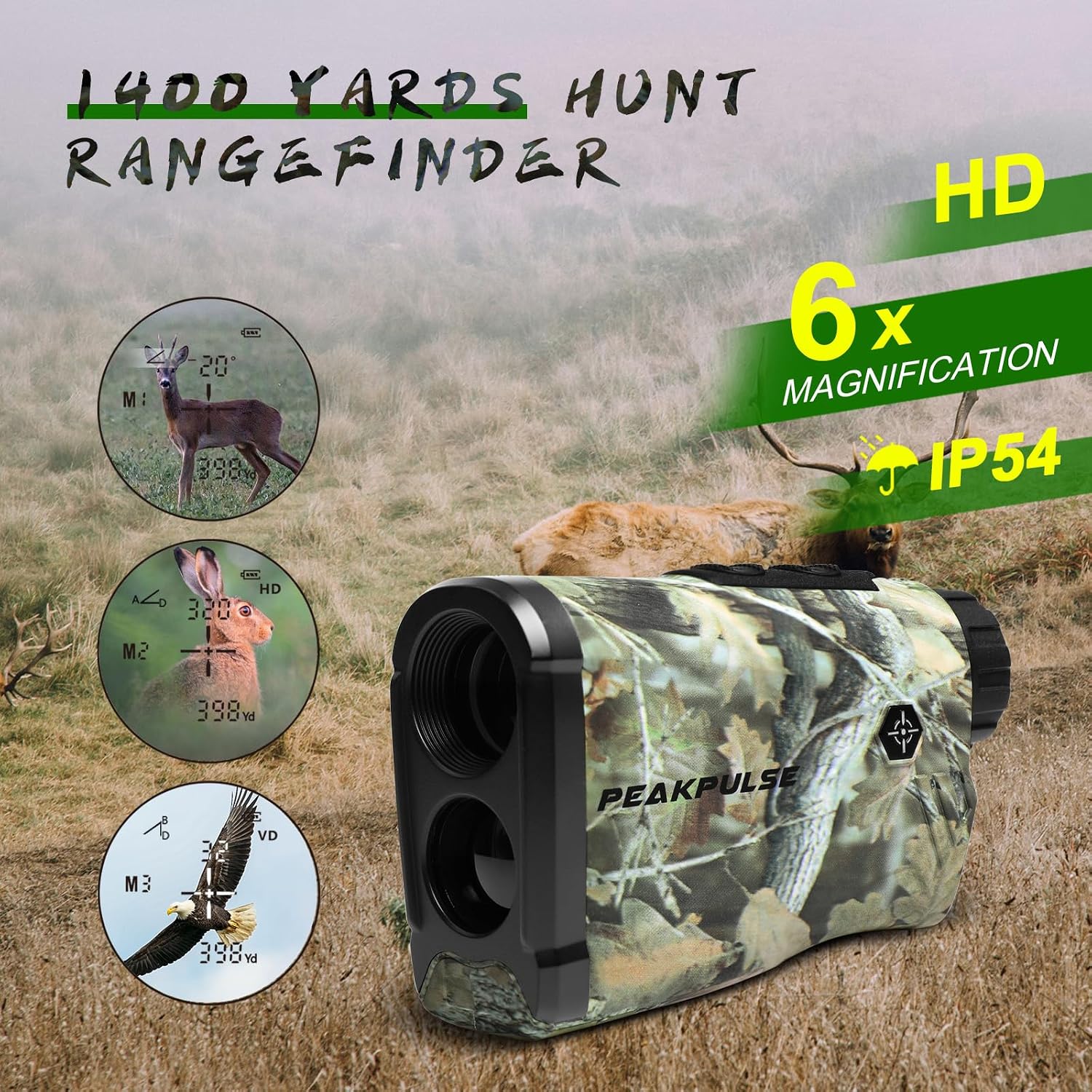 PEAKPULSE Hunting Range Finder 1400Yds - 6X Zoom, Angle Compensation, IP54 Waterproof for Deer & Bow Hunter - Image 3
