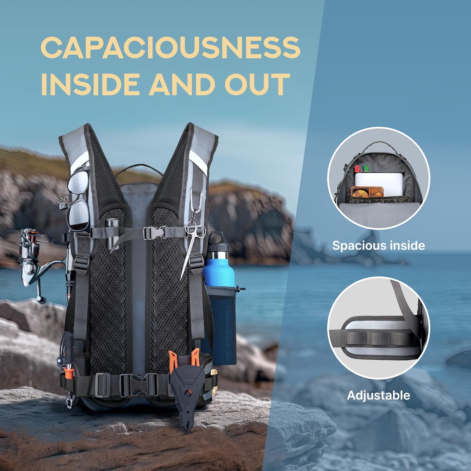 Xelfly - Waterproof Fishing Backpack with Rod Holder, Inflatable Air Valve, Padded Waist Straps & Gear Loops - Submersible Zipper, Rugged Top Handle, Adjustable Attachments (Gray) - Image 6