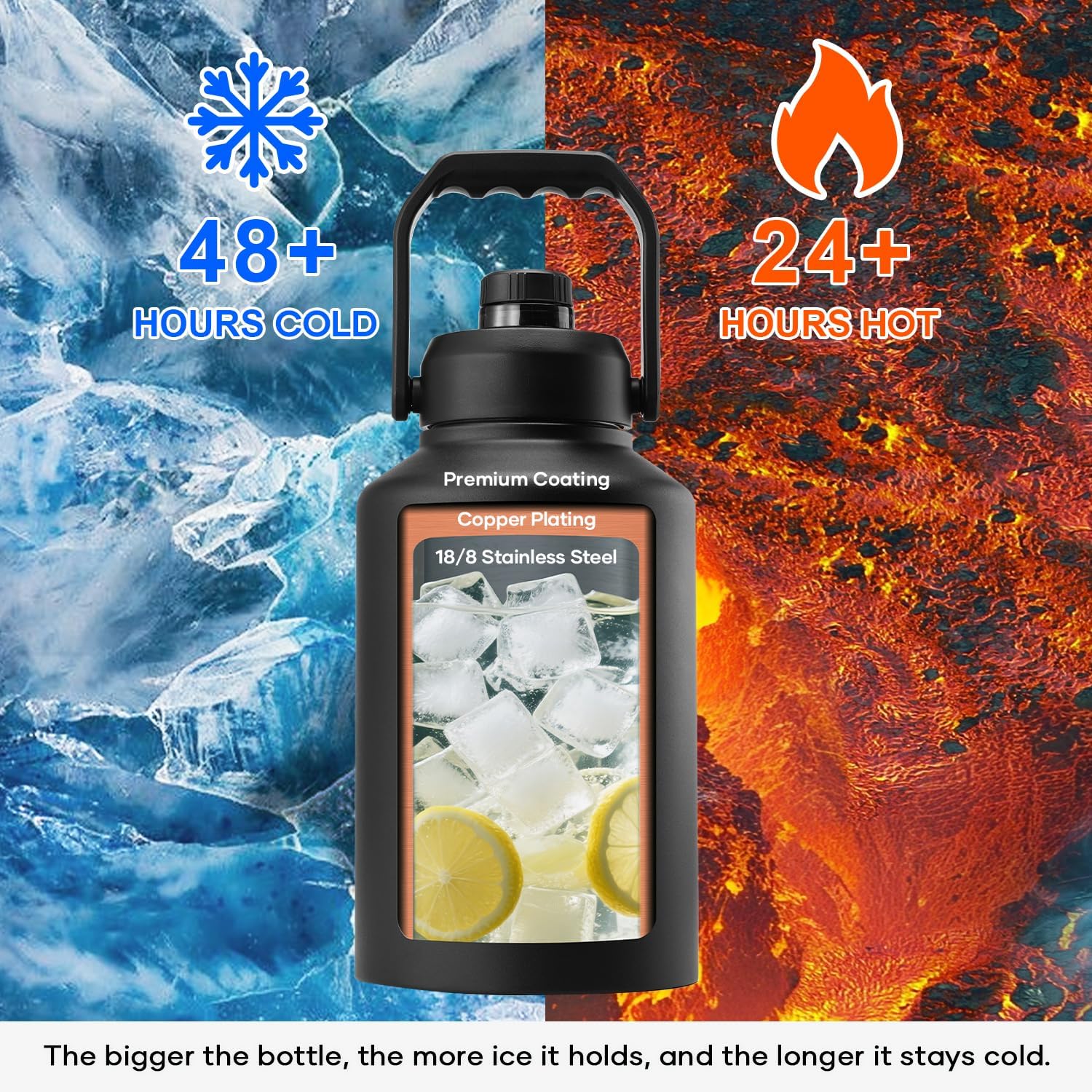 BUZIO 1 Gallon Water Bottle Insulated, (Cold for 48 Hrs) 3.58in Big Wide Mouth Leak Proof, 128oz Large Water Jug Stainless Steel Metal Flask with Handle for Camping,Outdoor Work,Travel,Hiking, Black - Image 2