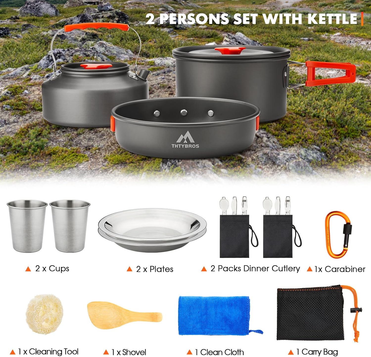 THTYBROS 17pcs Camping Cookware Kit, 0.45Gal Pot, 7inches Pan,0.30Gal Kettle Set with 2 Set Stainless Steel Cups Plates Forks Knives Spoons for Hiking - Image 4