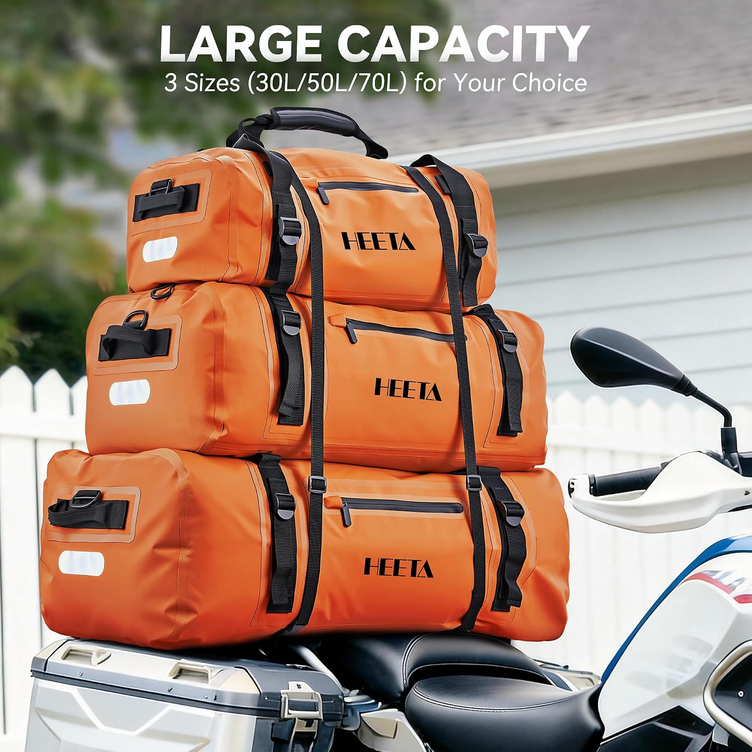 HEETA Waterproof Motorcycle Dry Bag, Waterproof Duffel Luggage Travel Bags with Zippered Closure & Pocket, Shoulder Straps, Large Space for Motorcycling Camping Commuting Boating (Orange, 50L) - Image 4