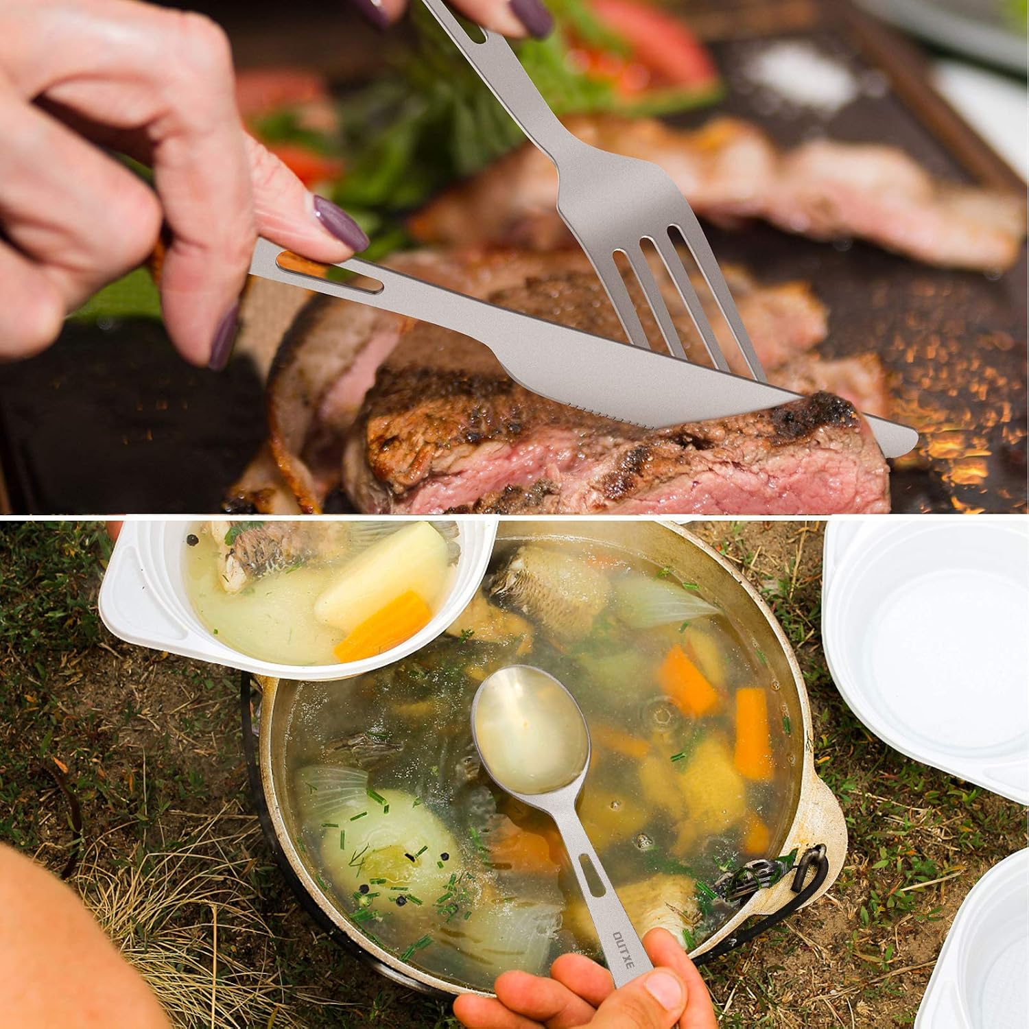 OUTXE Titanium Flatware Knife Fork Spoon Set Lightweight Ti Camping Utility Cutlery Set with Carrying Bag for Traveling Picnic Hiking - Image 3