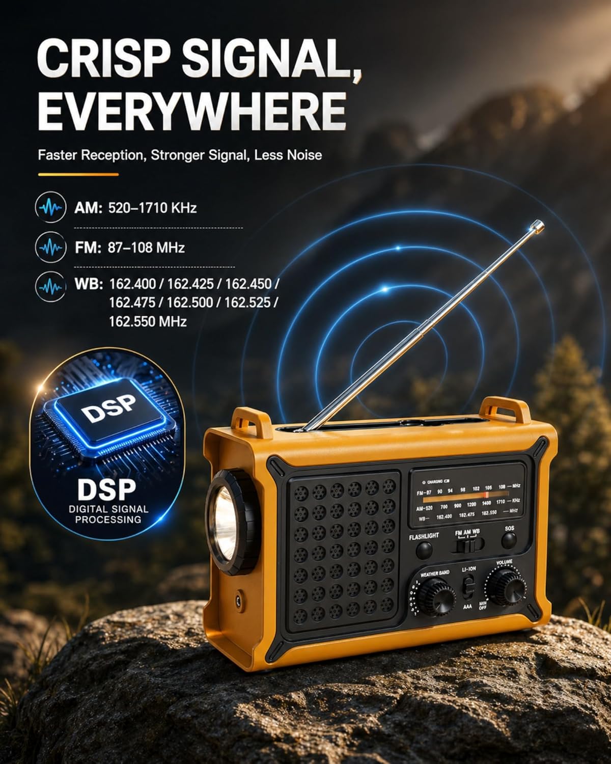 Emergency Weather Radio – Hand Crank Solar, 12000mAh Power Bank, 8500mm² Solar Panel, NOAA AM/FM Alert, Ultra-Clear Sound with 57MM Speaker, 5W Flashlight, SOS for Camping, Hurricanes & Power Outages - Image 6