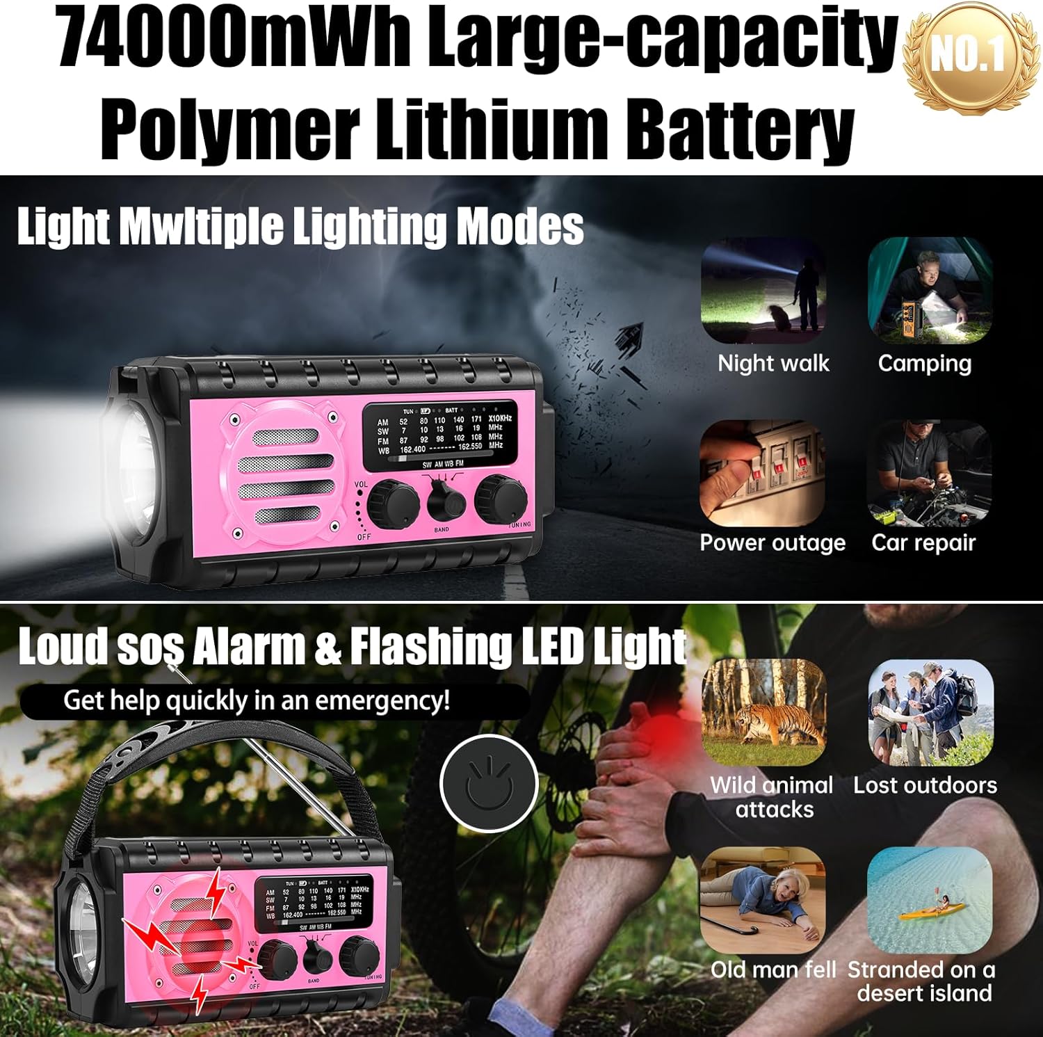 74000mWh Emergency Radio with NOAA Weather, Portable Hand Crank SW/AM/FM Survival Radio with Fast Charge Rechargeable Solar Battery, Flashlight, Reading Lamp,SOS Sirenor Home Outdoor(Pink) - Image 3
