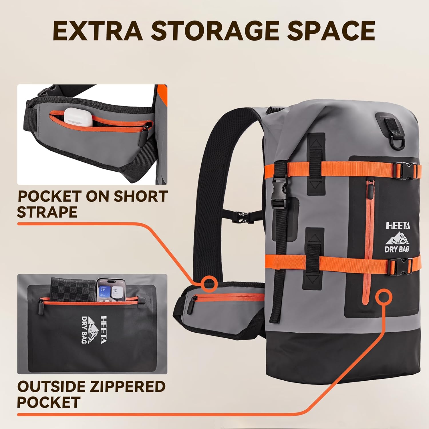 HEETA Dry Bags Waterproof Backpack 40L for Men & Women, Roll Top Heavy Duty Cushioned Hiking Backpack for Kayaking Boating Paddle Boarding Fishing Travel Camping Beach Vacation Cruise Ship Essentials - Image 5