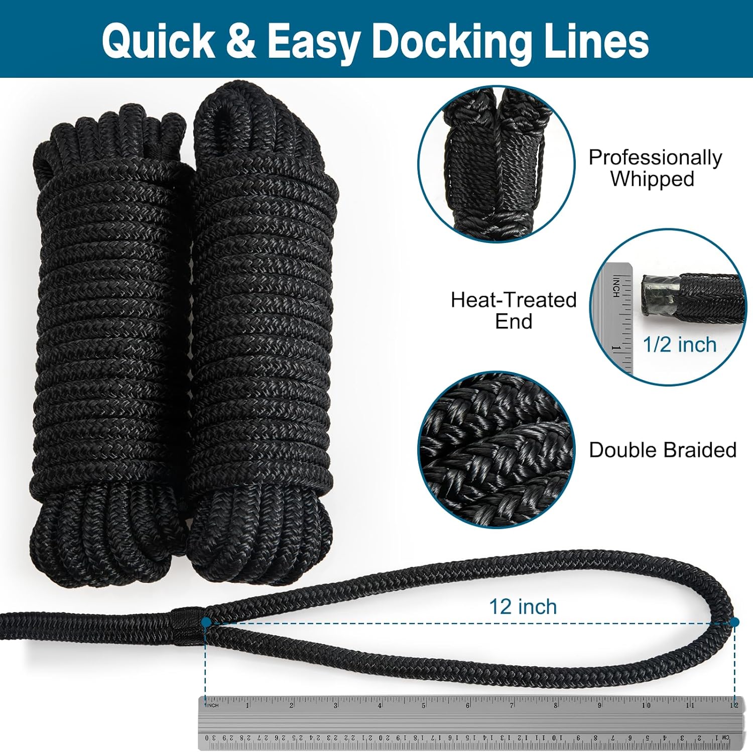 4 Pack 1/2" x 15’ Boat Dock Lines for Boat & Pontoon, Premium Marine- Grade Double Braided Nylon Dock Line, Pre-Spliced with a 12" Eyelet-Black,Boating Gifts for Men - Image 4