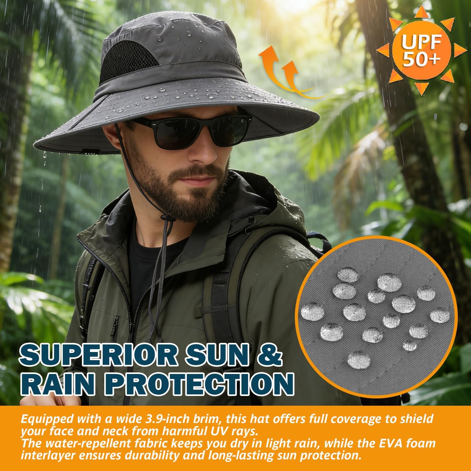 Wide Brim Sun Bucket Hat, Waterproof Boonie Hat for Men & Women | UPF 50+ UV Protection, Adjustable Fit, Chin Strap & Sweatband, Foldable Durable for Fishing Hiking Garden Beach - Image 5