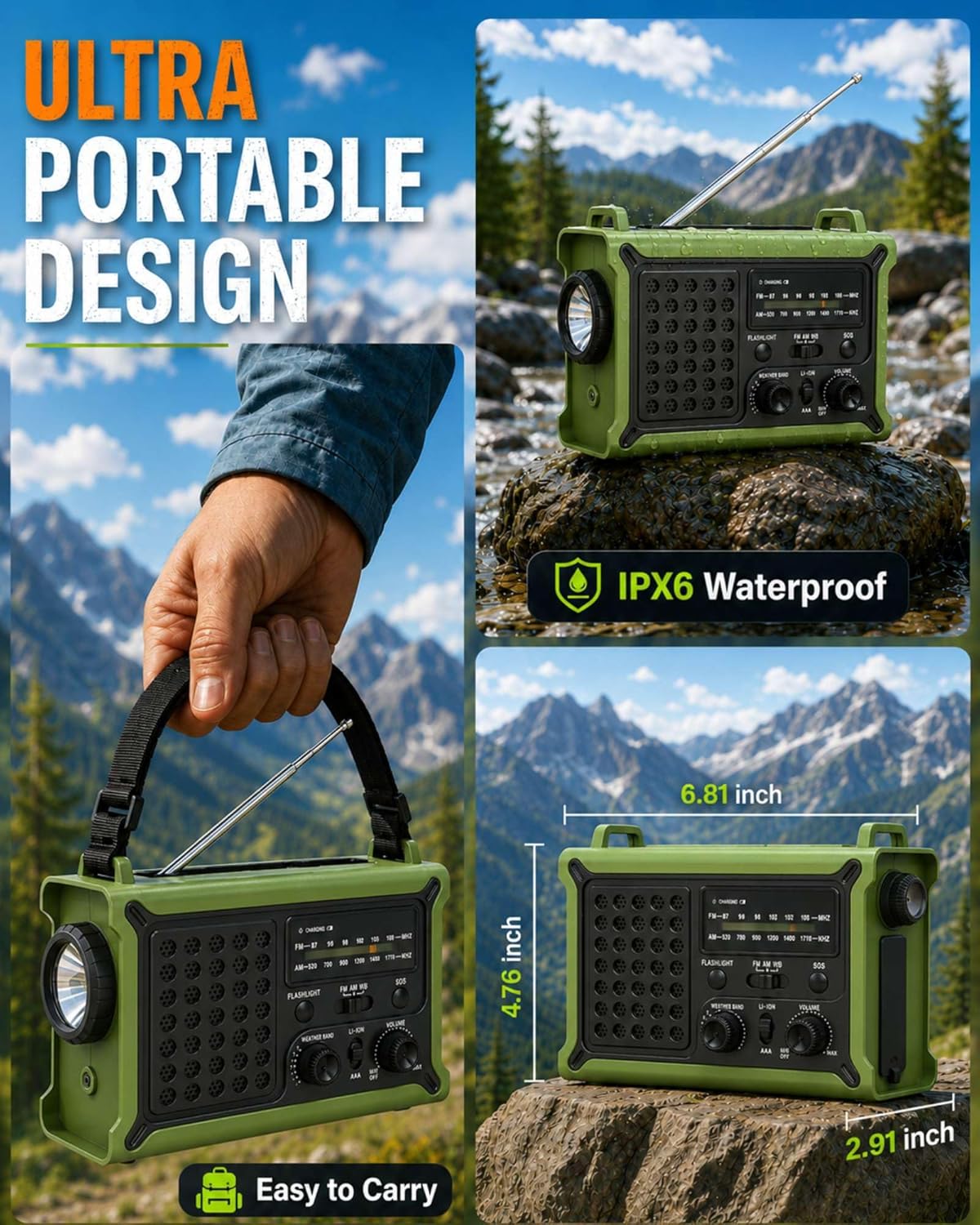 Emergency Weather Radio for Power Outages & Hurricanes, 12000mAh Hand Crank Solar Radio with 8500mm² Solar Panel, NOAA AM/FM Alerts, 5W Flashlight & SOS, Army Green for Camping, RV, Hiking & Survival - Image 8