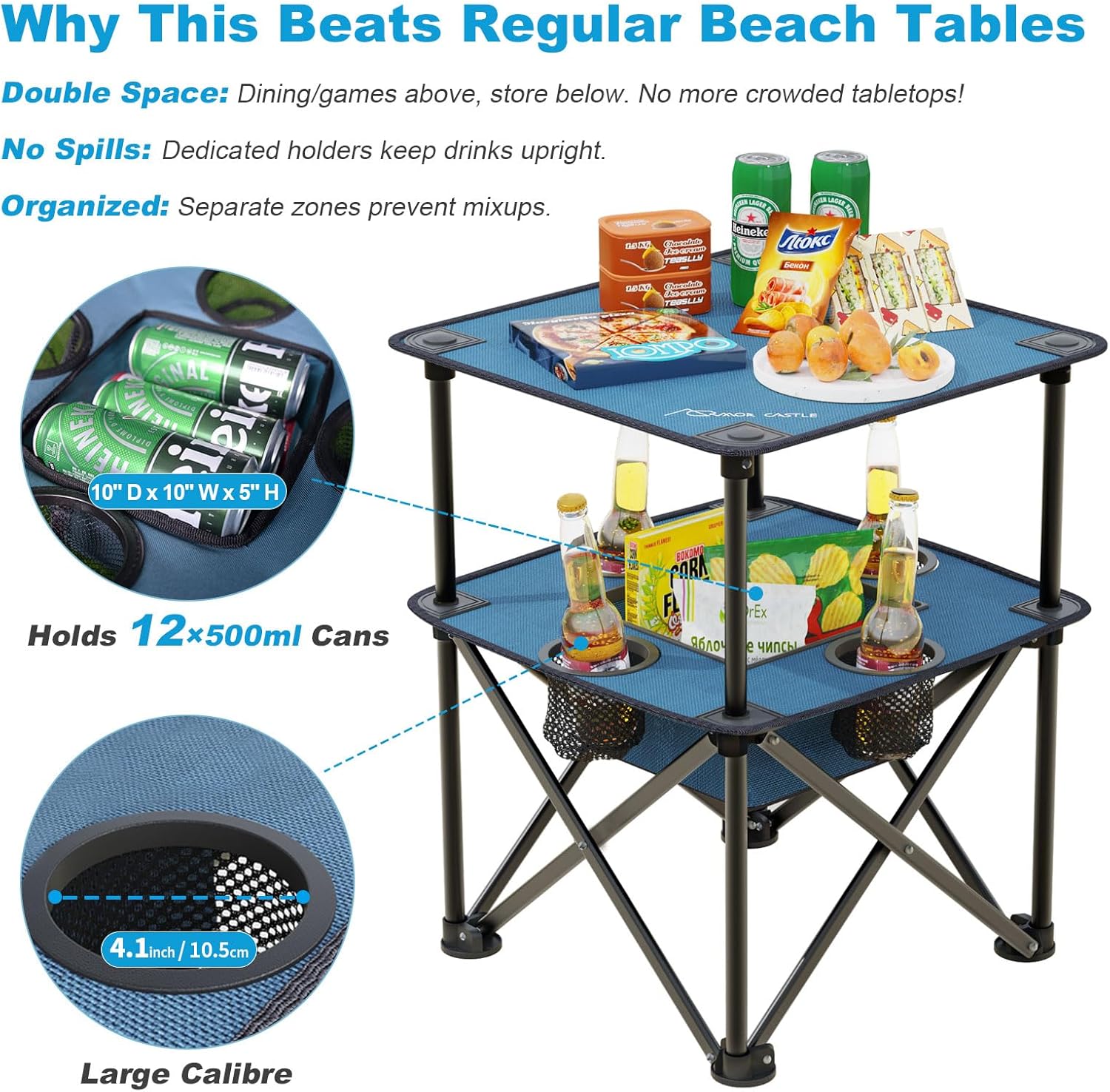 Folding Camping Table, Portable Outdoor Picnic Table, Lightweight Square Camp Table with Built-in 4 Cup Holders Food Basket and Travel Bag for Barbeque Beach Camping and Tailgate Blue - Image 4