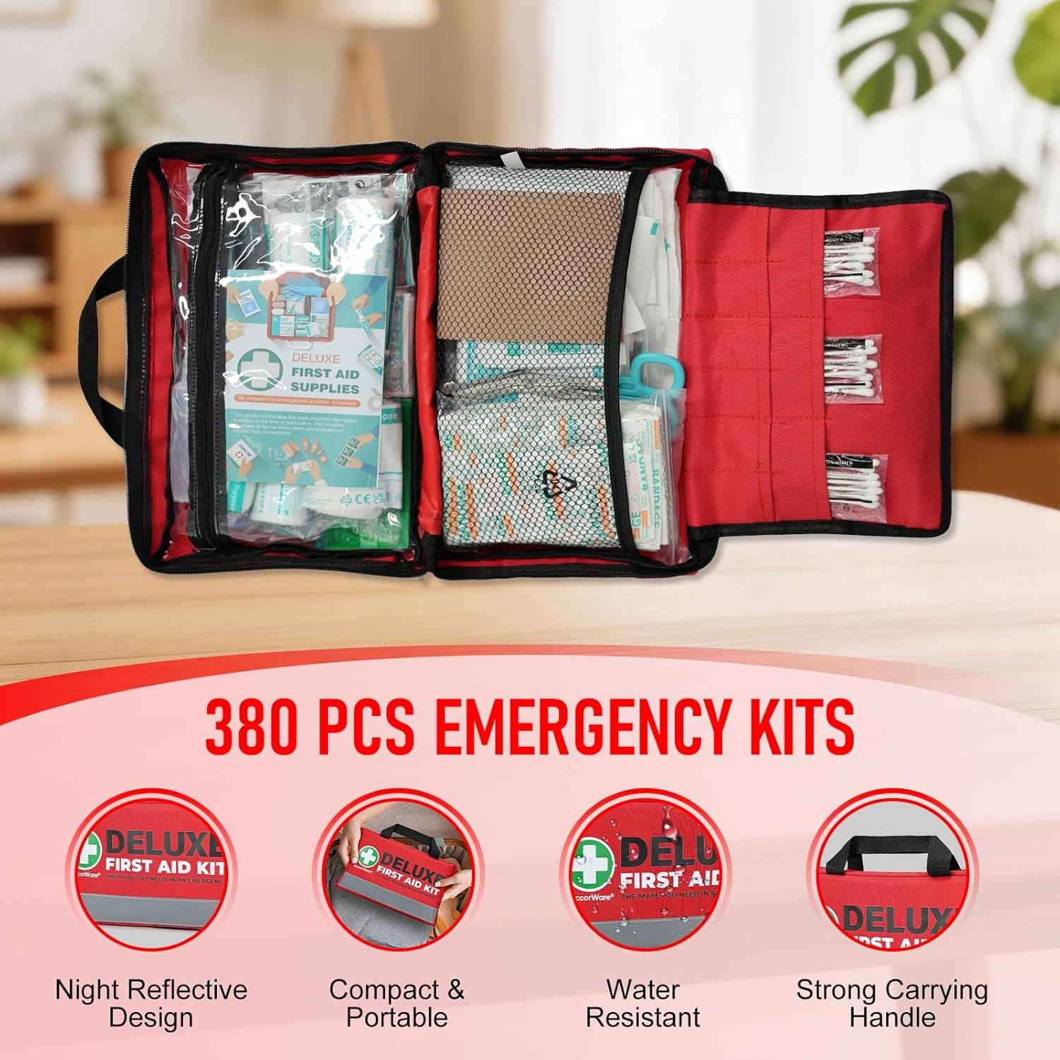 SuccorWare 380 Pieces Deluxe First Aid Kit Compact Trauma Medical Kits with Assorted Bandages, Instant Cold Pack, Emergency Blanket for Home, Travel, Camping, Vehicle, Emergency Kits(Red) - Image 6