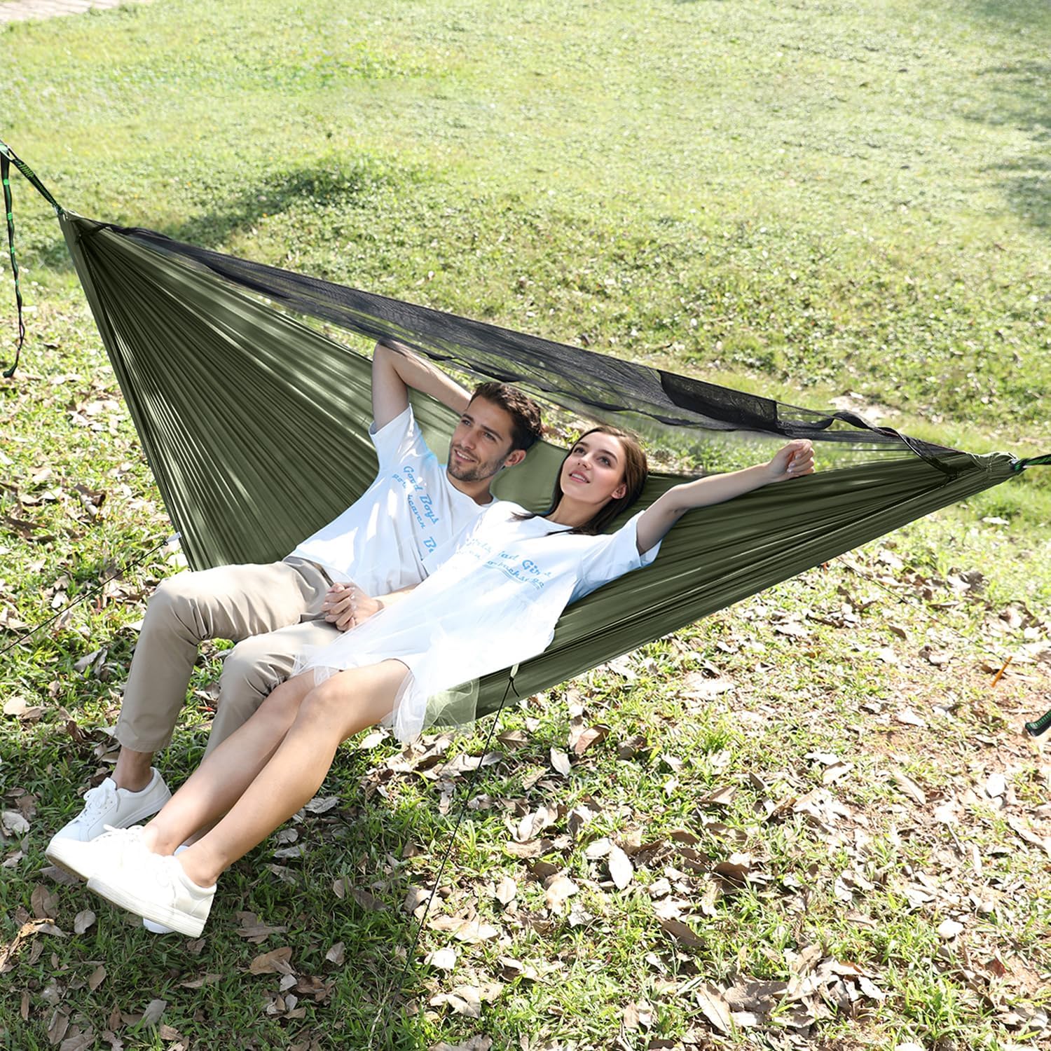 Camping Hammock with Mosquito Net and Ridge Rope, Extra Large for 2 Person, Lightweight Hanging Hammocks Tree Straps, All-in-one Fast Open Hammock for Outside, Hiking, and Travel - Image 6