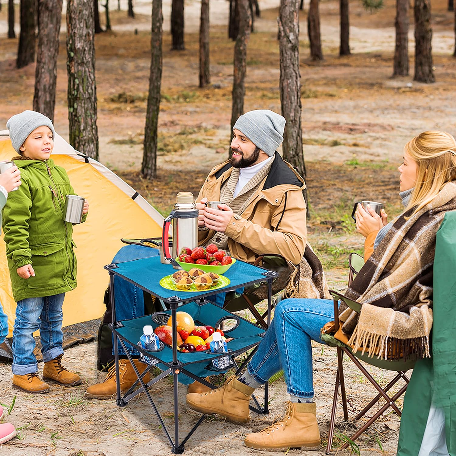 Folding Camping Table, Portable Outdoor Picnic Table, Lightweight Square Camp Table with Built-in 4 Cup Holders Food Basket and Travel Bag for Barbeque Beach Camping and Tailgate Blue - Image 2