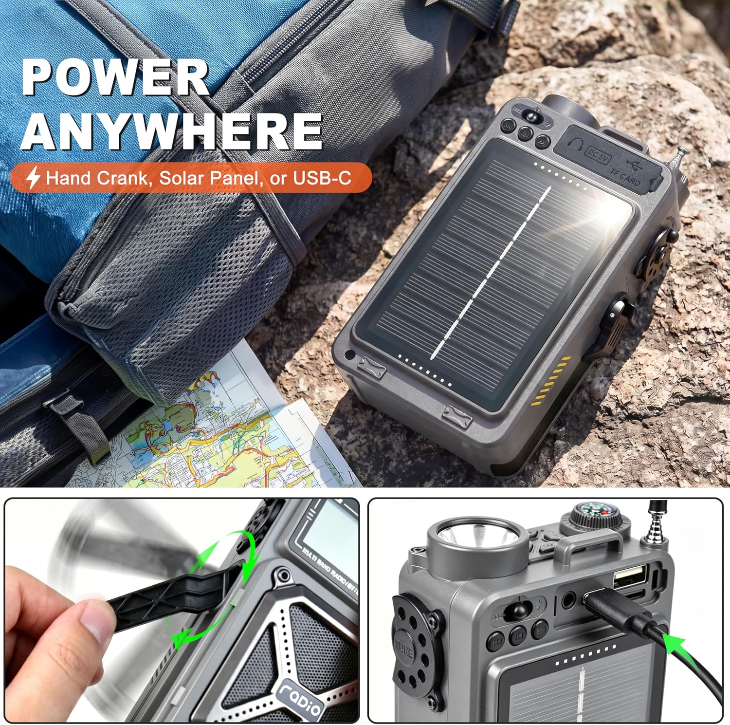 Solar Hand Crank Emergency Radio with NOAA Weather Alert, AM FM Shortwave | Digital Tuning,Bluetooth Speaker,TF Playback,Flashlight,Compass,SOS,4000mAh,Thermal Blanket,USB-C Charging,for Emergencies - Image 4