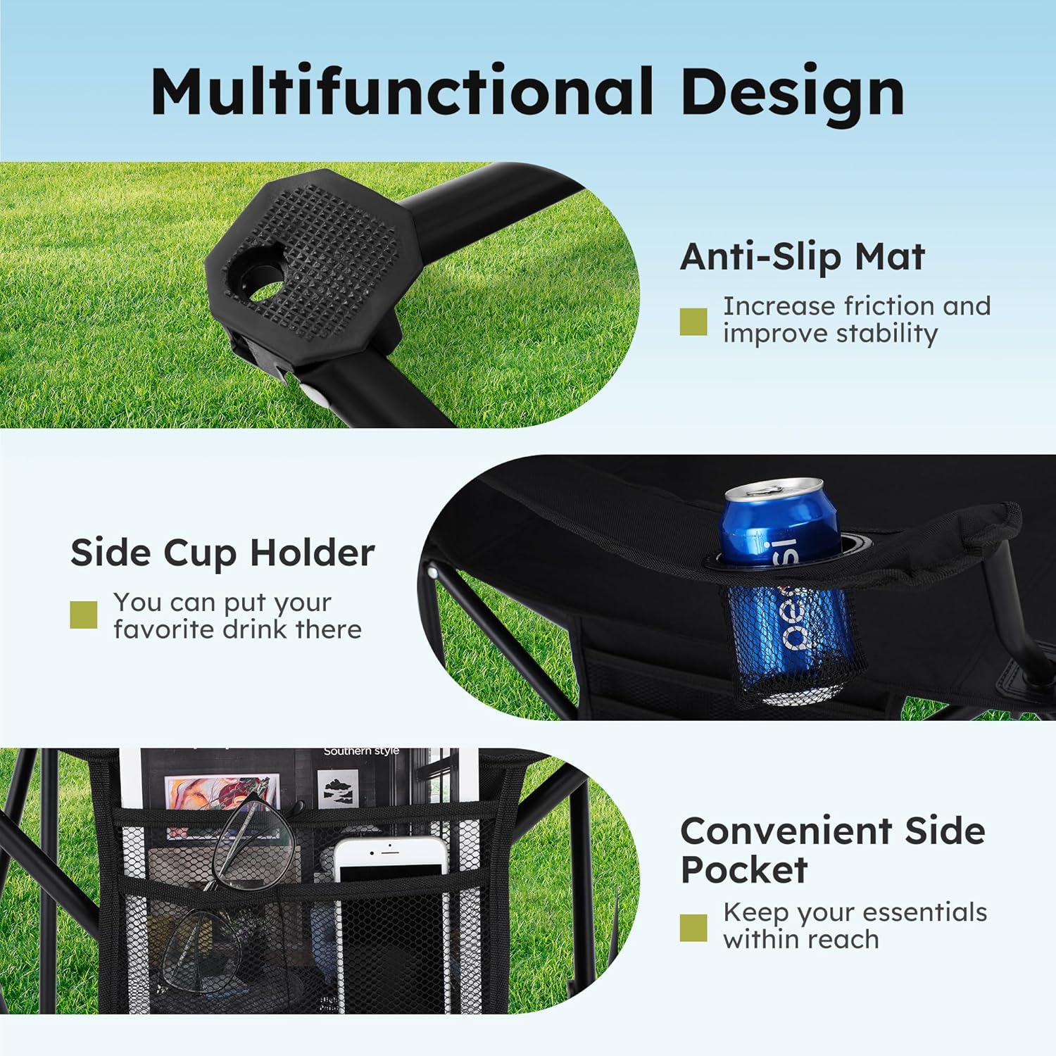 ALPHA CAMP 2-Pack Camping Chair with Cooler Bag, Heavy Duty 250lbs Capacity Folding Chair with Lumbar Support & Side Pocket, Portable Quad Chairs for Beach Fishing Tailgating & Sideline Sport - Image 7