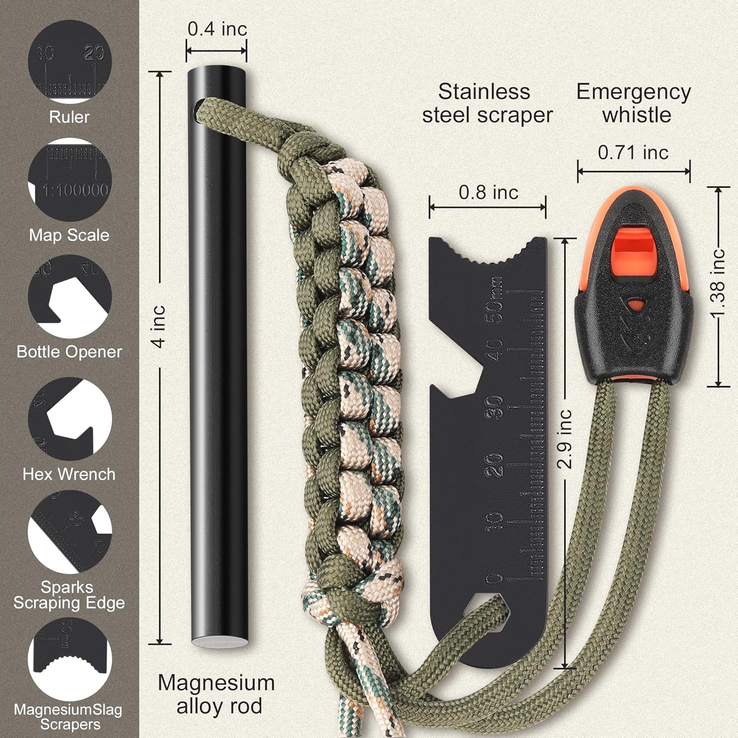 Survival Fire Starter, 4 Inch Ferro Rod, Flint Fire Starters for Hiking and Camping, Flint and Steel Survival Tool with Paracord and Emerge - Image 2