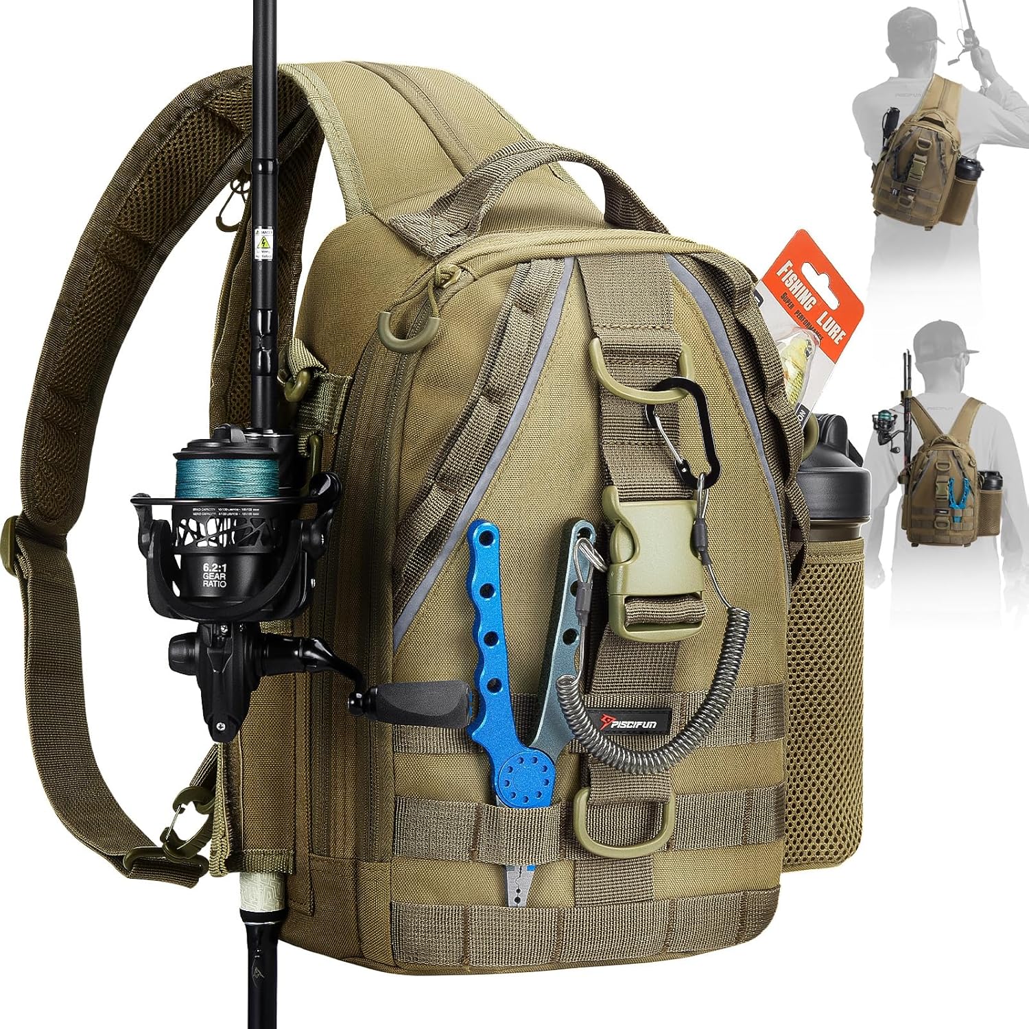 Piscifun Fishing Backpack with Rod Holder, Lightweight Sling Bag Storge Gear and Equipment
