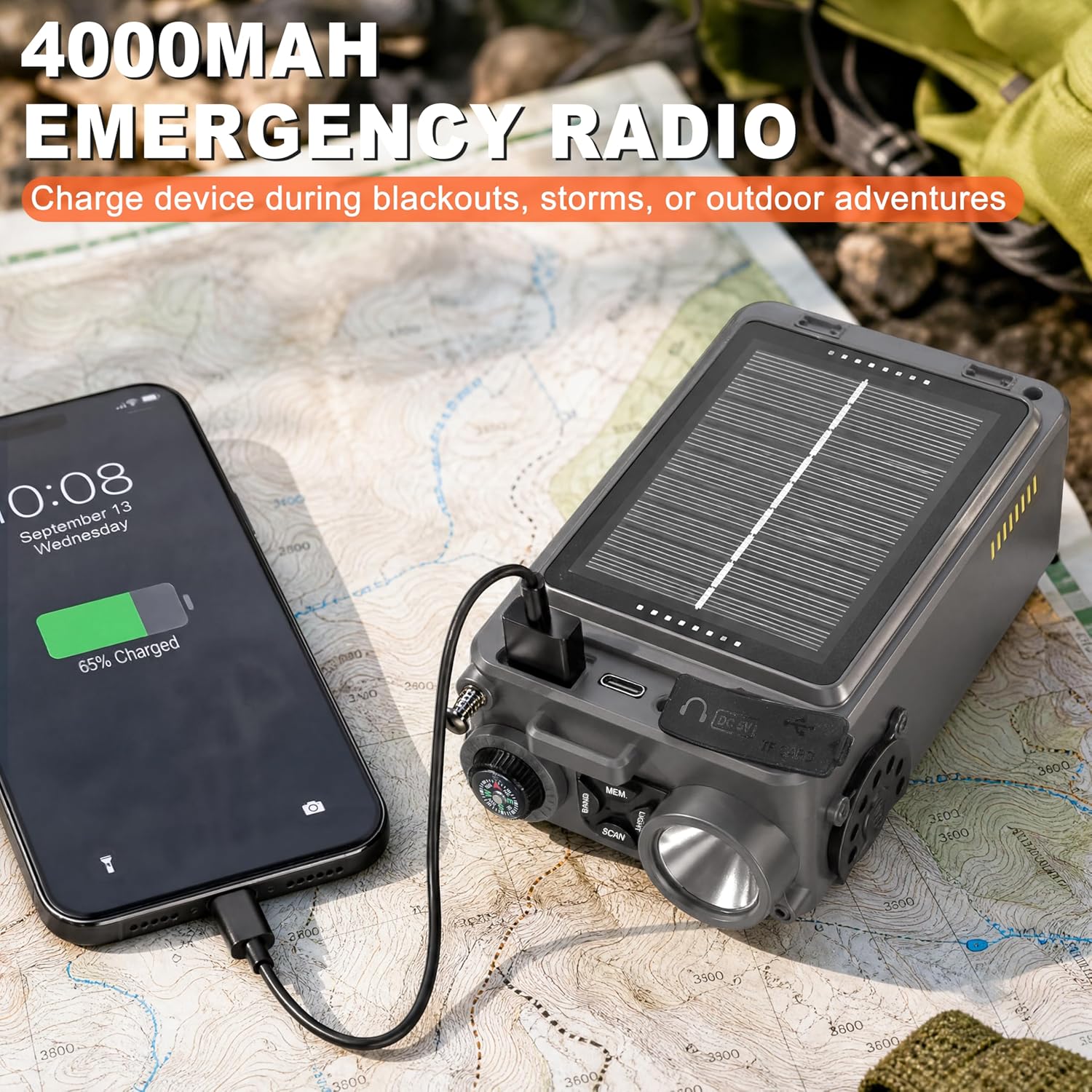 Solar Hand Crank Emergency Radio with NOAA Weather Alert, AM FM Shortwave | Digital Tuning,Bluetooth Speaker,TF Playback,Flashlight,Compass,SOS,4000mAh,Thermal Blanket,USB-C Charging,for Emergencies - Image 5