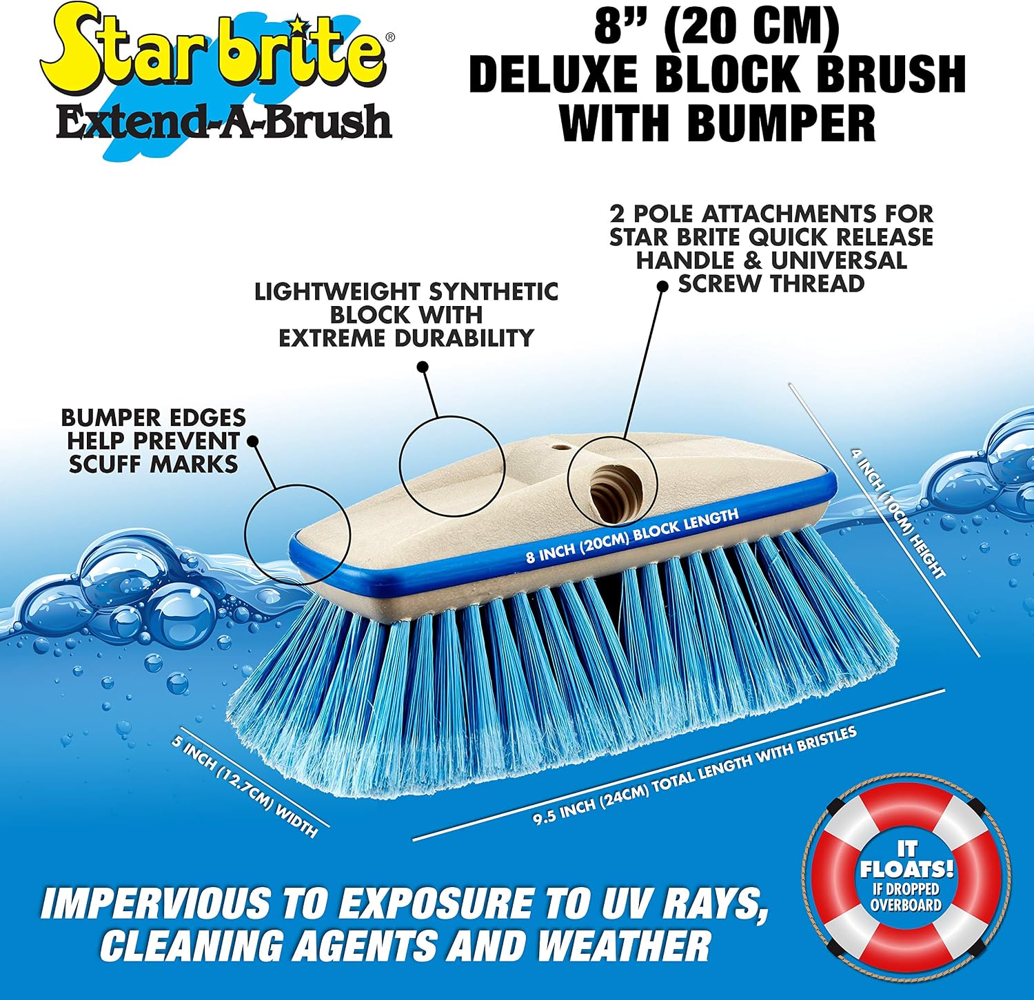 STAR BRITE Premium Medium Wash 8" Brush Head W/Bumper - Dual Connections Fit Either Standard 3/4" Threaded Poles or Extend-A-Brush Handles (Medium) (Blue) (040162) - Image 3