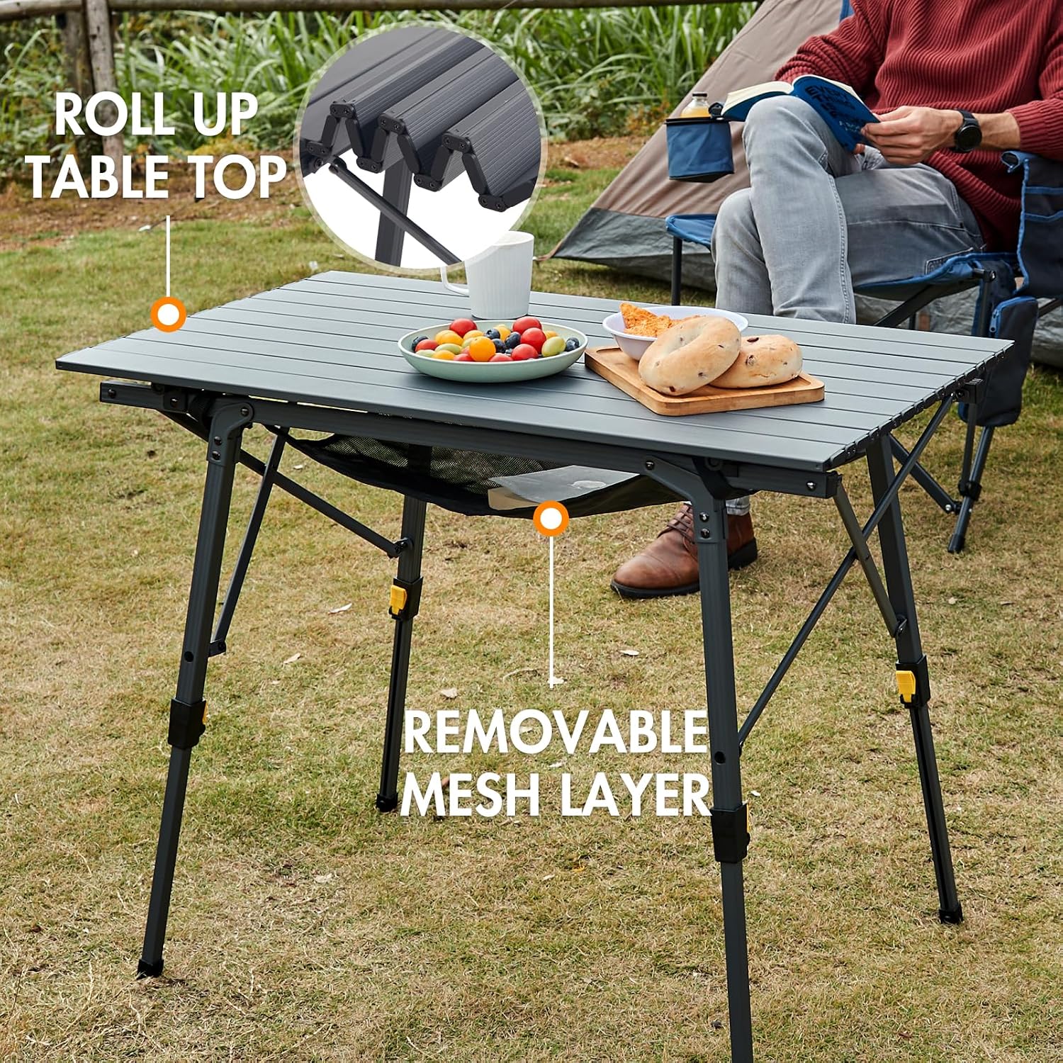 Portal Outdoor Folding Portable Picnic Camping Table with Adjustable Height Aluminum Roll Up Table Top Mesh Layer, Dark Gray - Image 6