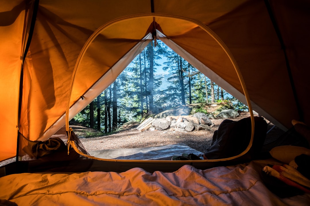 A serene campsite with safety equipment like a first aid kit, flashlight, and fire extinguisher visible, surrounded by nature.