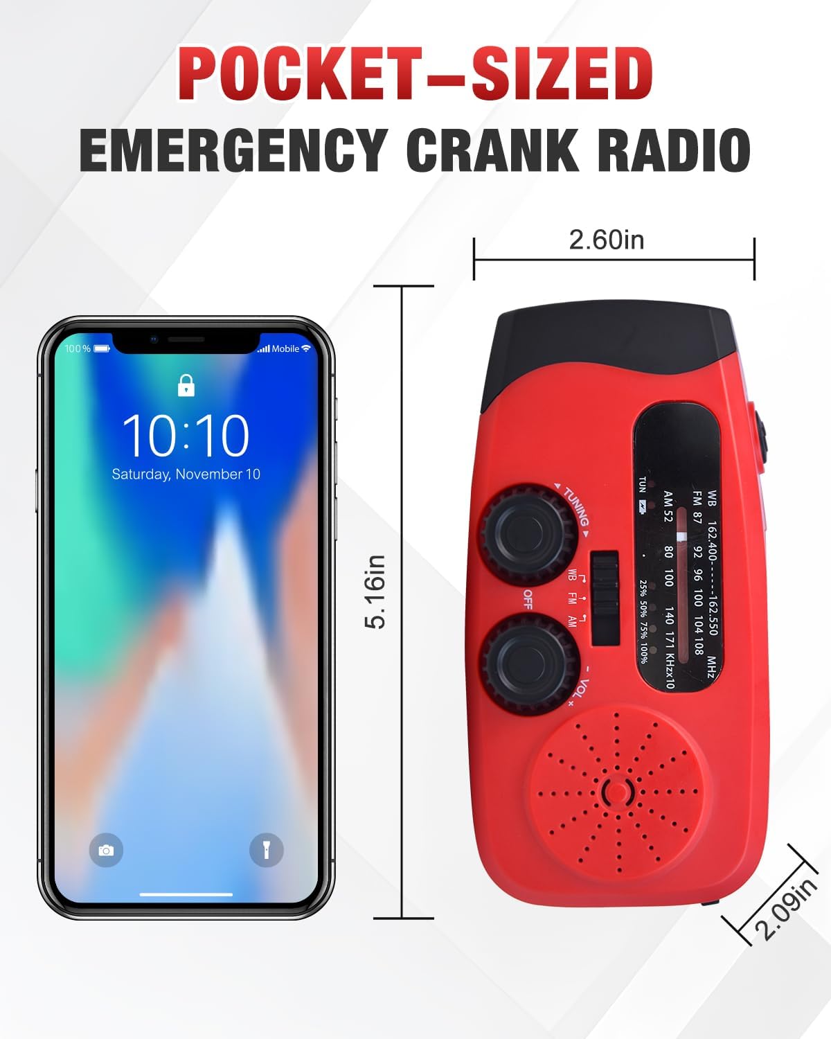 Emgykit 086S Hand Crank Emergency Radio - 2000mAh/7400mWh AM/FM/NOAA Solar Hand Crank Emergency Radio with 3 LED Flashlight, SOS Function for Emergencies, Camping - Red - Image 7