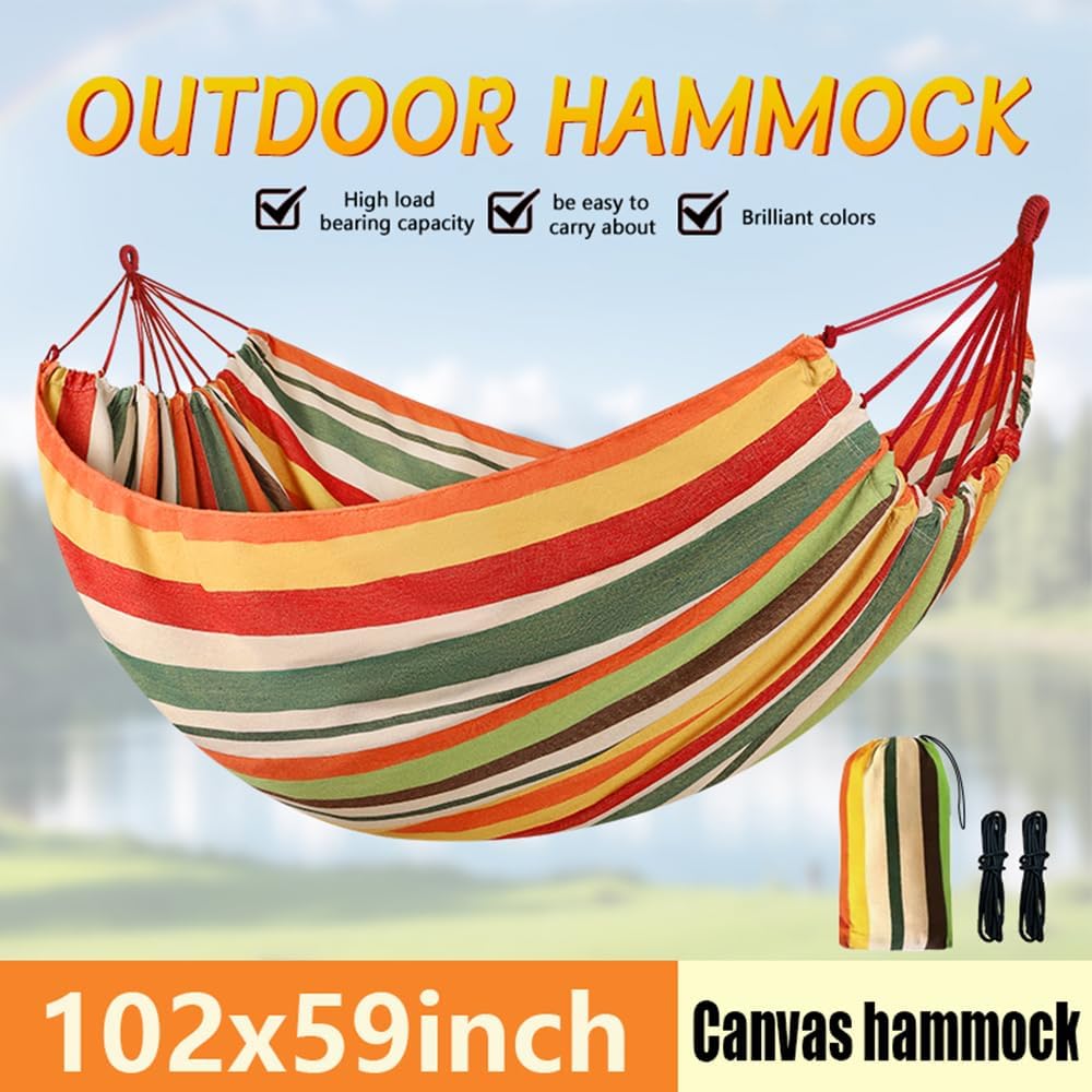 Cotton Canvas Hammock, Comfortable Fabric Camping Hammock with Tree Straps, Up to 440lbs with Travel Bag for Camping Outdoor/Indoor Patio Backyard(Orange, Without bar) - Image 7