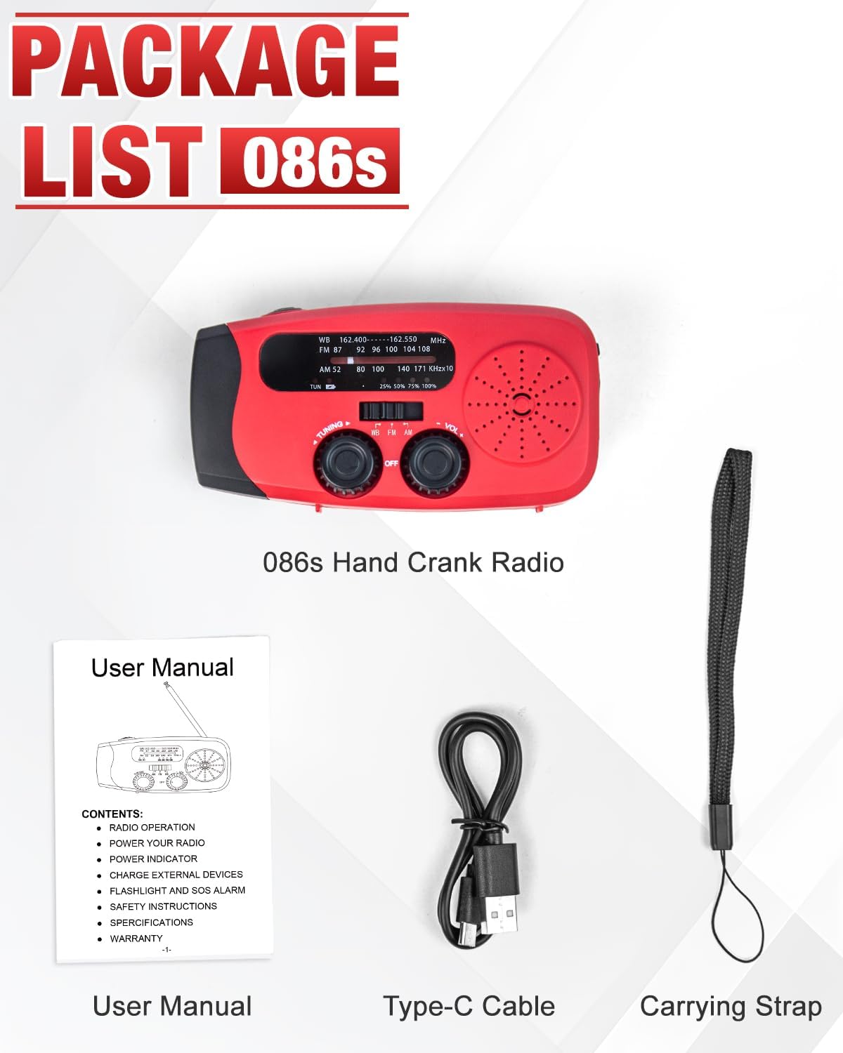 Emgykit 086S Hand Crank Emergency Radio - 2000mAh/7400mWh AM/FM/NOAA Solar Hand Crank Emergency Radio with 3 LED Flashlight, SOS Function for Emergencies, Camping - Red - Image 8