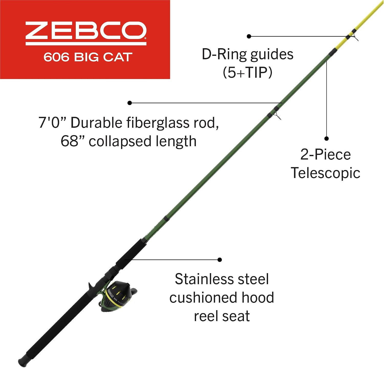 Zebco 606 Big Cat Spincast Reel and Fishing Rod Combo, 7-Foot 2-Piece Telescopic Rod, Medium-Heavy Power, Size 60 Reel, 11-Piece Eagle Claw Tackle Kit - Image 2