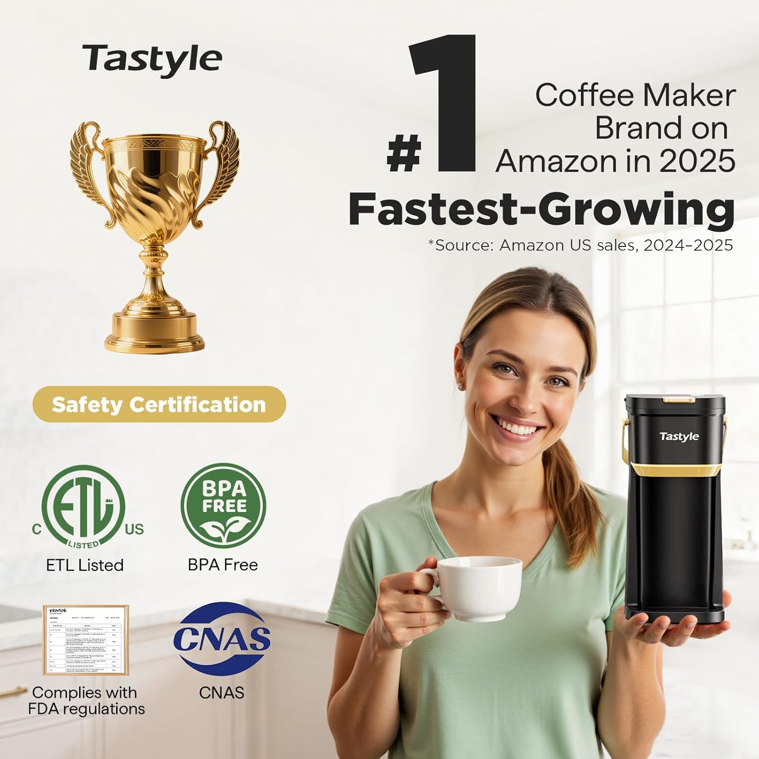 Tastyle Single Serve One Cup Coffee Maker, for K Cups and Grounds, Mini Coffee Maker with Portable Handle, 6 to 12 Oz Brew Size, for Travel, Camping, Office, RV and Dorm, 120V, Black and Gold - Image 3