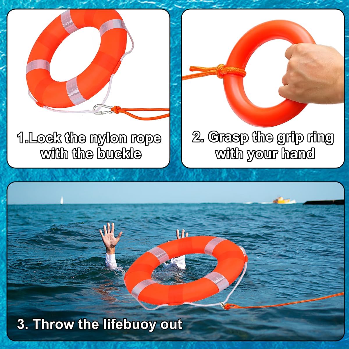 Lifebuoy Set 20Inch Life Preserver Ring and Water Floating Lifesaving Rope 98.4FT,Swim Foam Buoy,Swimming Pool Safety Throwing Ring with Perimeter Rope,Throwable Flotation Device - Image 5