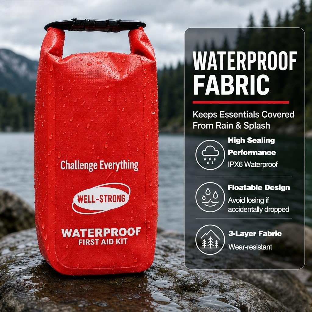 Waterproof First Aid Kit Roll Top Boat Emergency Kit with Waterproof Contents for Fishing Kayaking Boating Swimming Camping Rafting Beach Red - Image 3