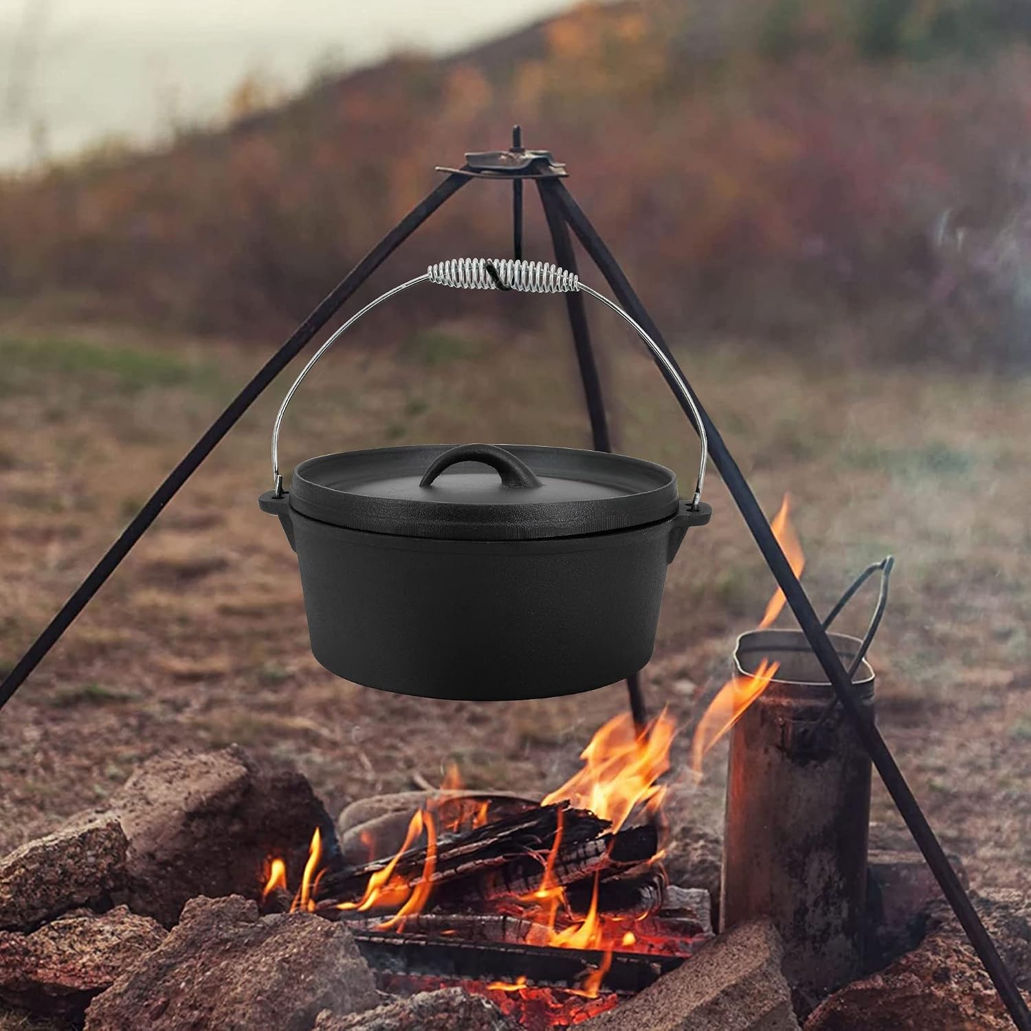 8 Piece Pre-Seasoned Dutch Oven Cooking Set Cast Iron Camping Kitchen Cookware Bakeware Skillets & Square Grill Pan w/Vintage Carrying Wood Box for Ourdoor Home BBQ Baking - Image 8