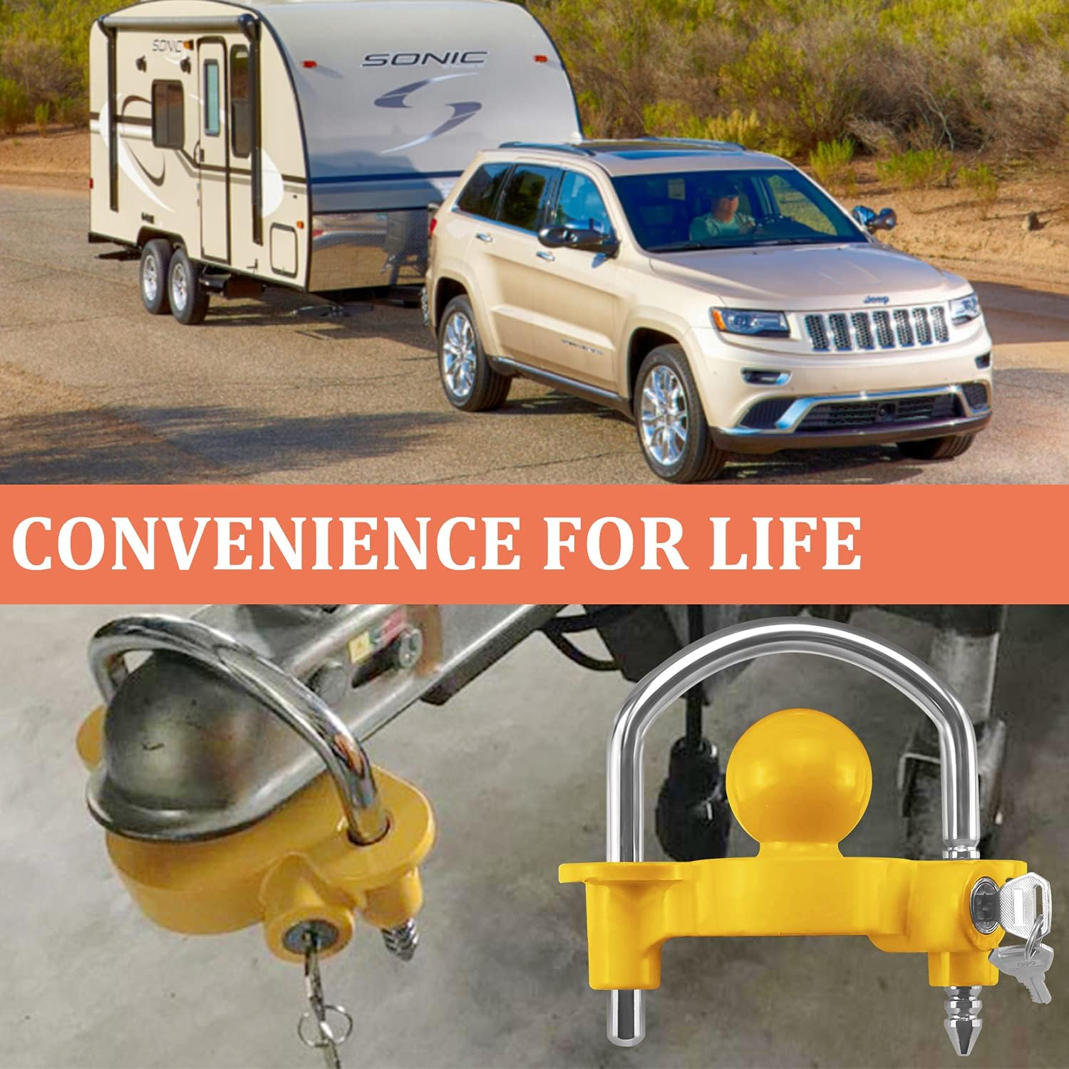 Funmit Trailer Lock Universal Coupler Ball Lock Fits 1-7/8", 2", and 2-5/16" Couplers, Boat Camper Accessories for Travel Trailers Adjustable Heavy-Duty Steel Hitch Lock Yellow - Image 6