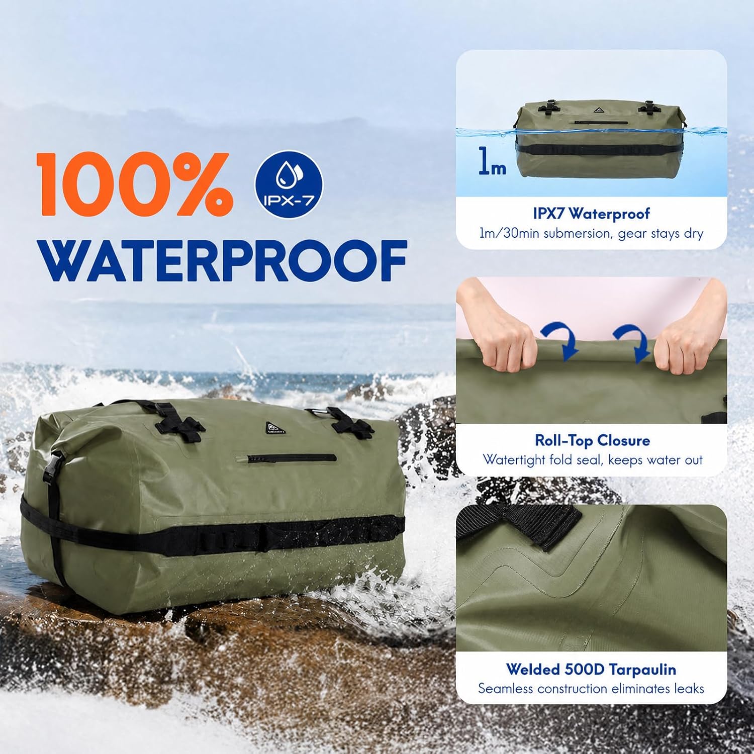 Haimont IPX7 Waterproof Roll-Top Dry Duffel Backpack | 60L/90L Sizes, 500D Tarpaulin, Welded Seams, Mesh Pockets, Boating & Kayaking - Image 2